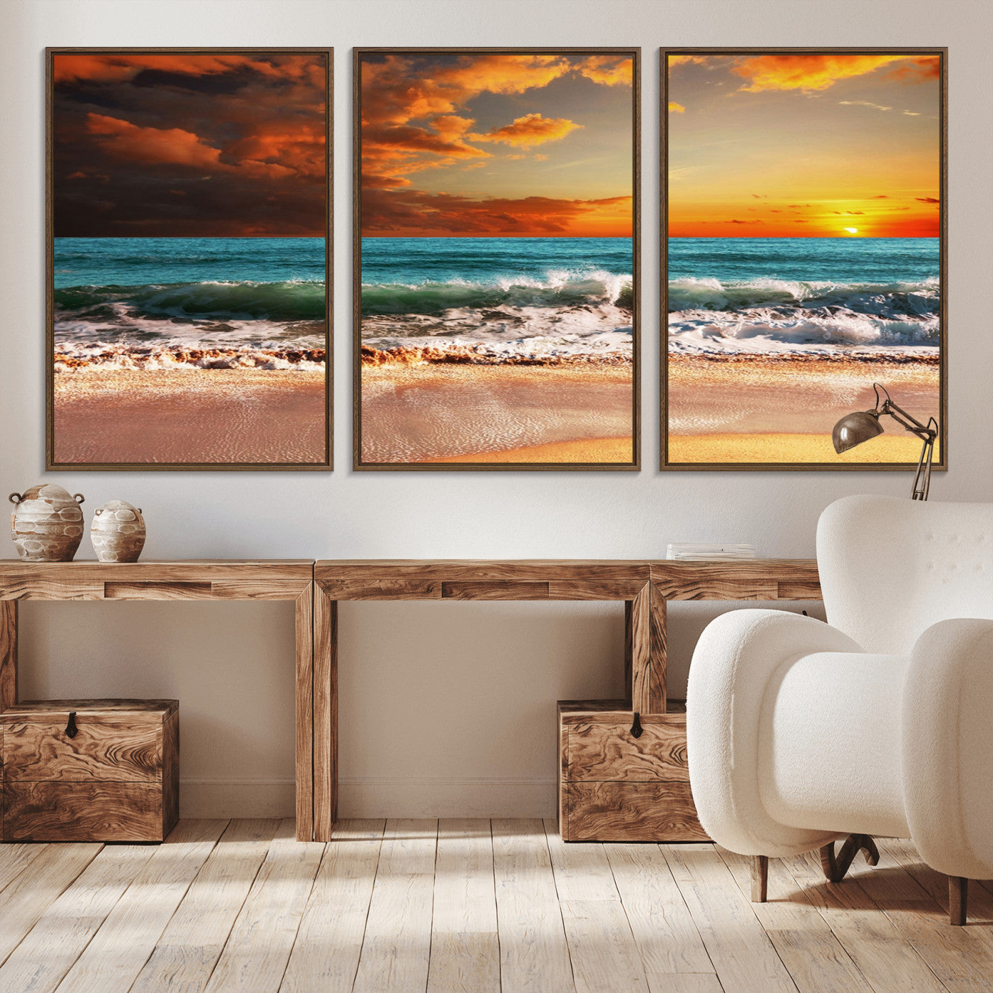-Golden Sunset Beach Canvas Wall Art – Triptych Seascape Print – Framed and Ready to Hang for Living