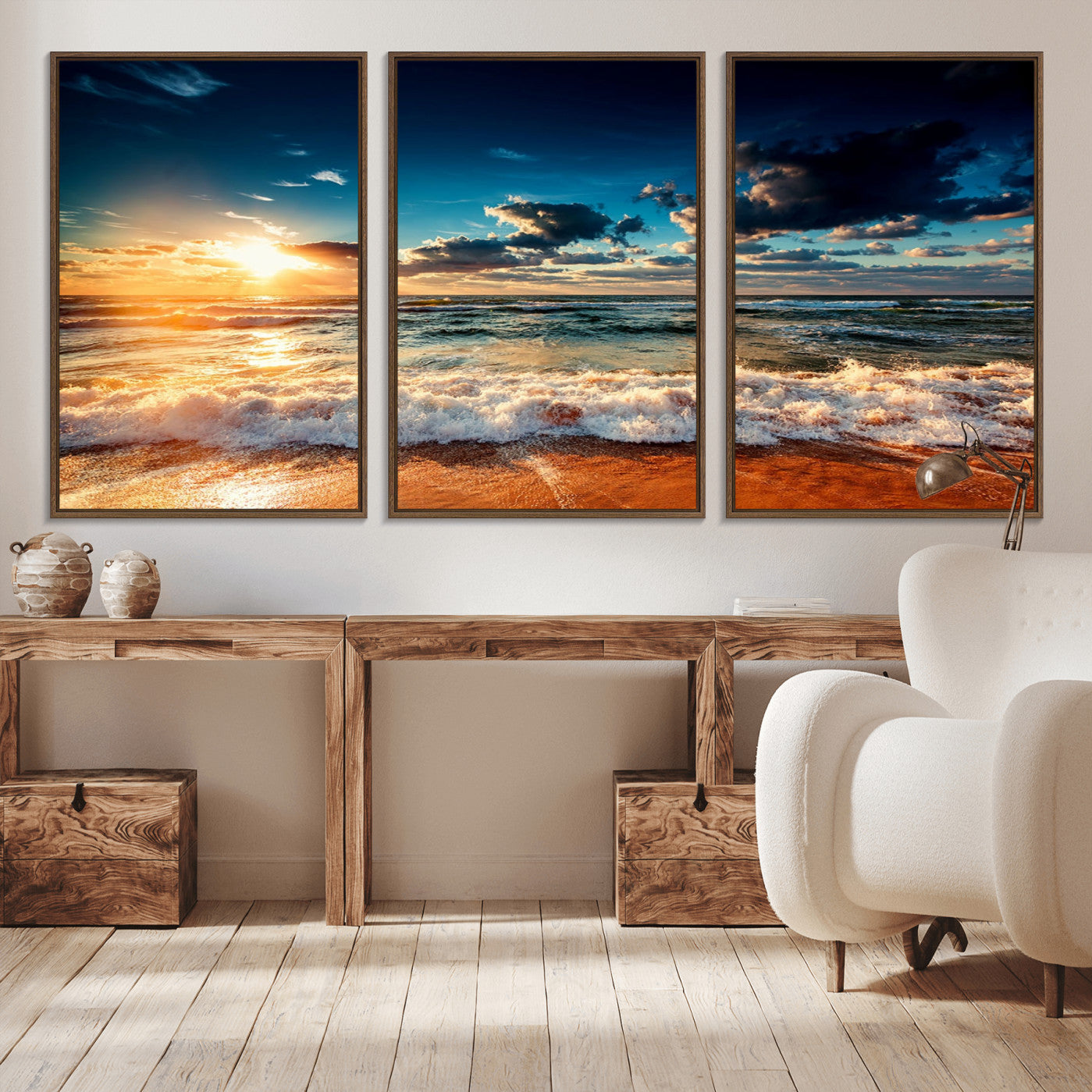 -Golden Hour Sunset Over Ocean Waves Wall Art Canvas Print | 3 Panel Coastal Landscape Canvas Wall