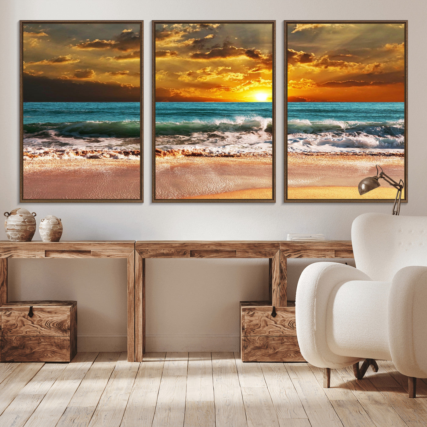 -Golden Sunset Beach Canvas Wall Art – Triptych Seascape Print – Framed and Ready to Hang for Living
