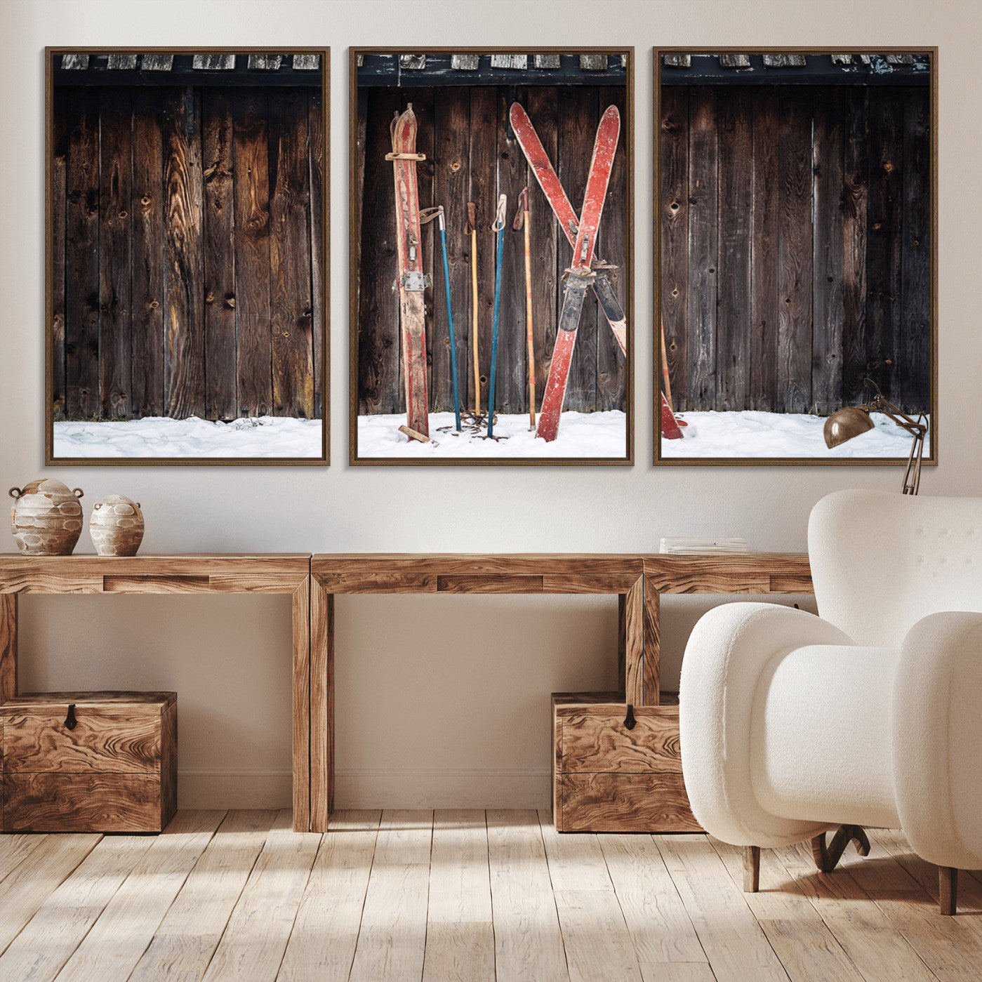 -Vintage Ski Gear Canvas Print, Vintage Ski Gear Against Wooden Cabin Wall, Rustic Winter Sports