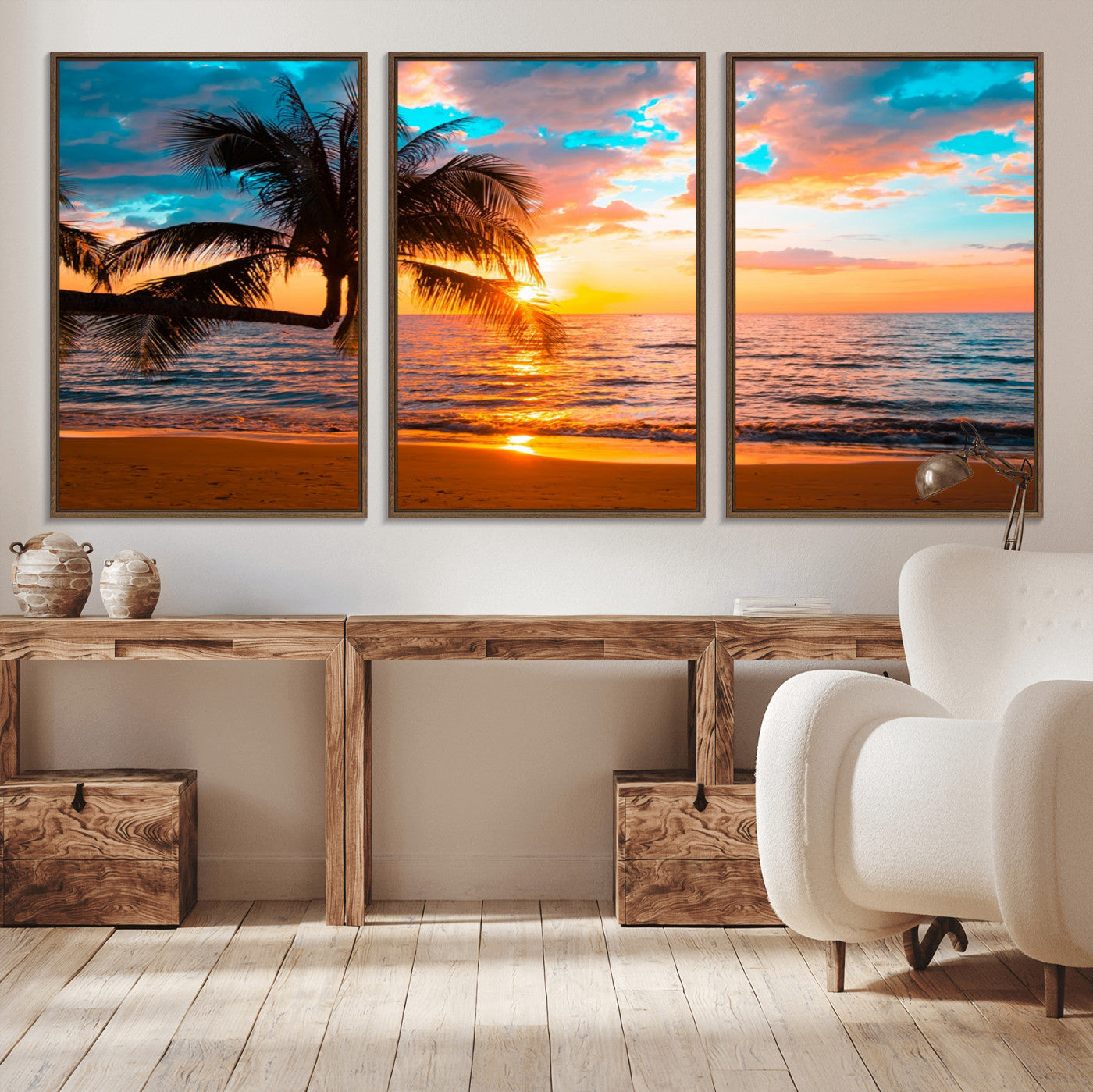 -Palm Tree Sunset On The Beach Wall Art Canvas, Framed Palm Tree Sunset Canvas Print