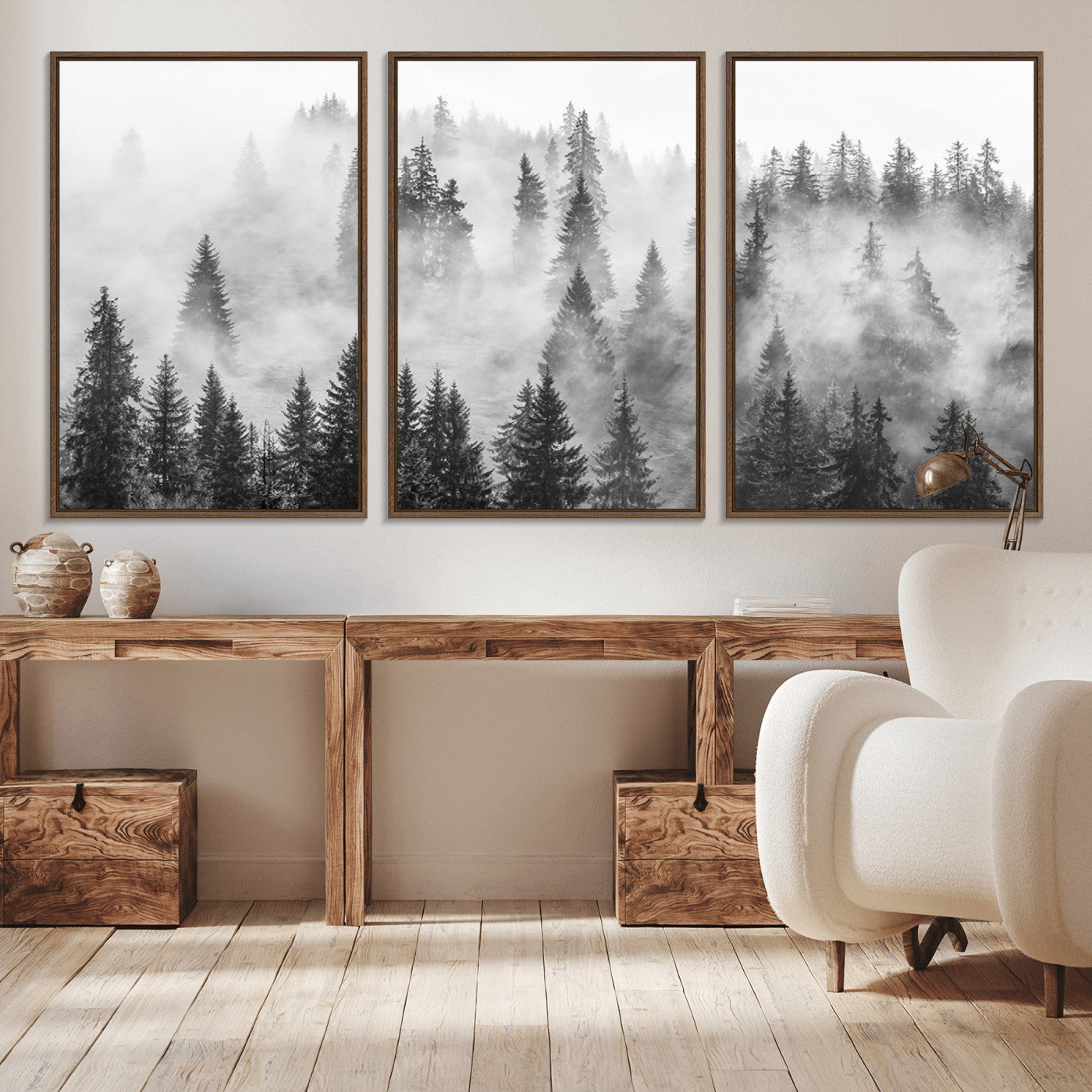 -Forest Wall Art Print | Foggy Pine Forest Canvas Wall Art - Black and White Nature Decor for Living Room, Office