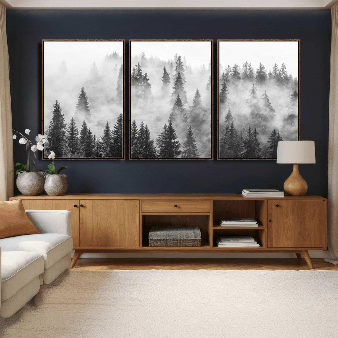 10422-MGV-CV-36X24 - Forest Wall Art Print | Foggy Pine Forest Canvas Wall Art - Black and White Nature Decor for Living