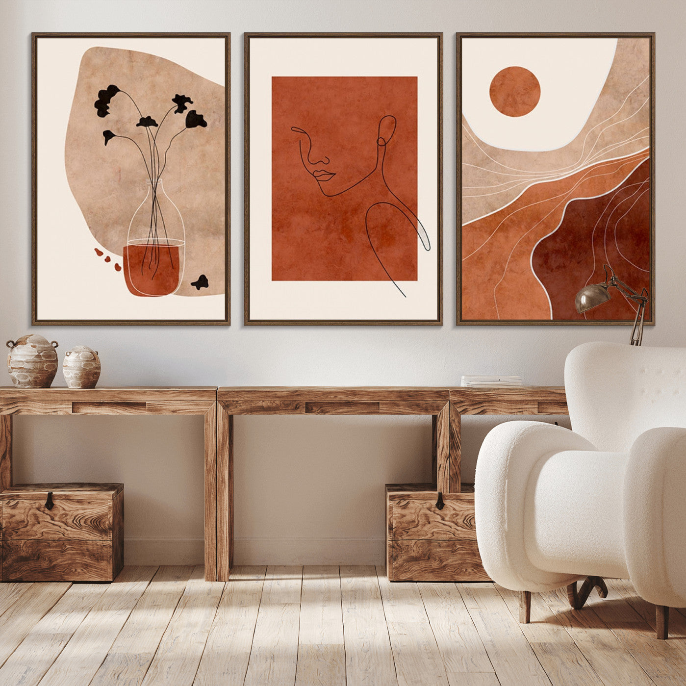 -Boho Sunset Mountain Canvas Print, Modern Boho Sunset Mountain Landscape Triptych – Giclée Canvas