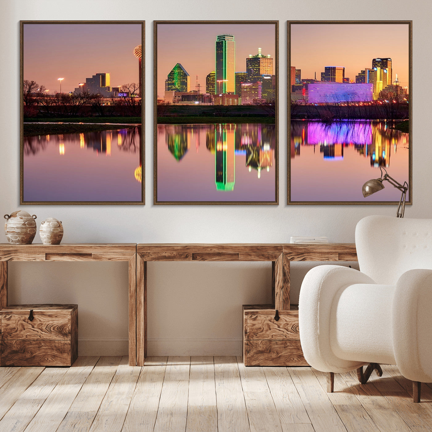 73925-MGV-FC-60X30-3P_Walnut-Colorful Dallas City Lights Night Skyline Wall Art Print Dallas Cityscape Canvas Print Dallas