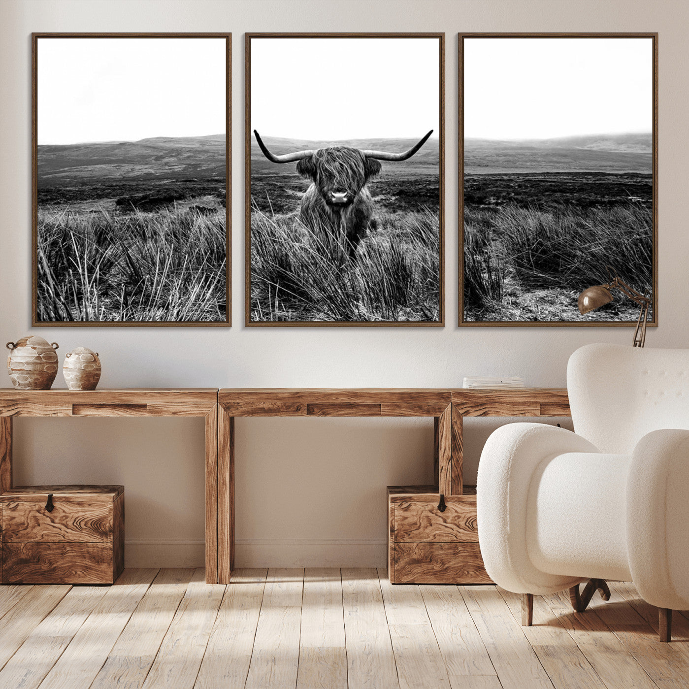 -Black and White Highland Cow Canvas Wall Art, Longhorn Triptych Western Wall Decor for Cabin -