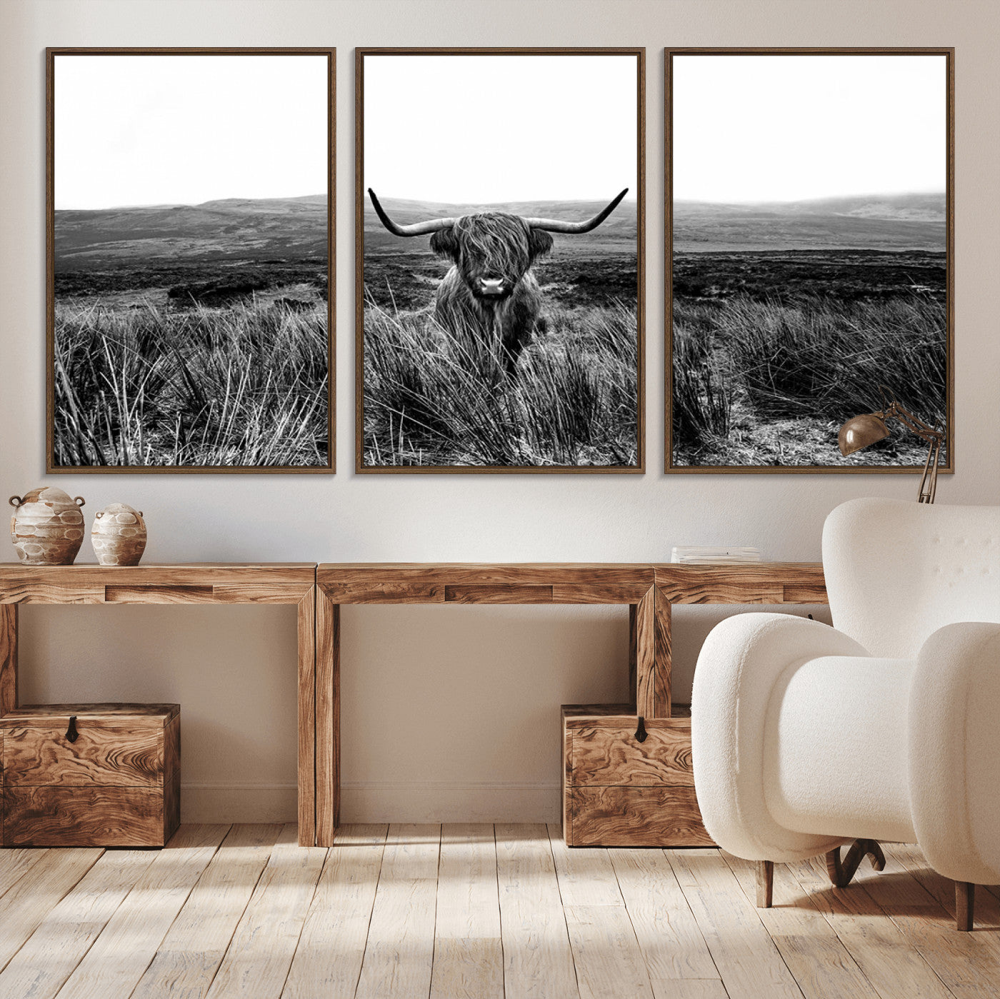 -MGV-CV-36X24-Black and White Highland Cow Canvas Wall Art, Longhorn Triptych Western Wall Decor for Cabin -