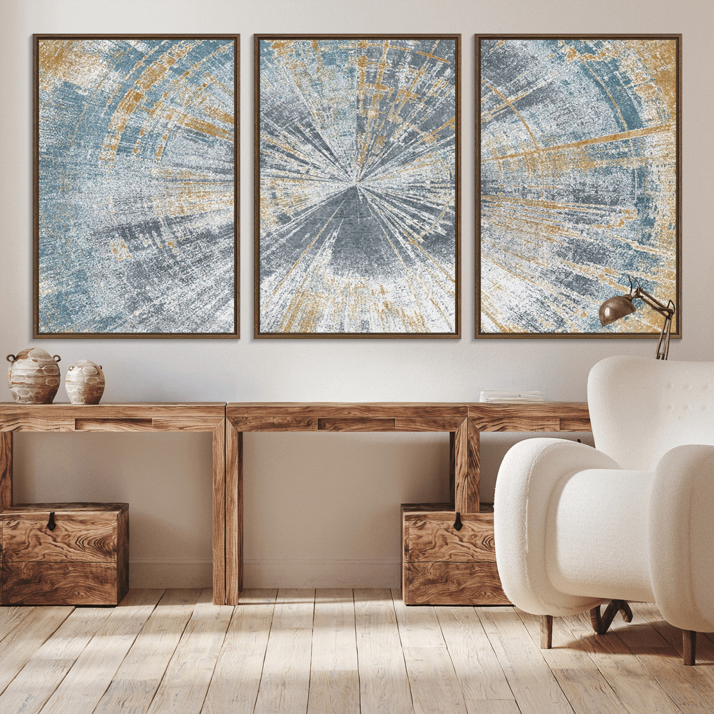 17631-MGV-CV-36X24-Radiant Abstract Wood Rings Canvas Art – Modern Triptych Wall Decor for Living Room or Farmhouse