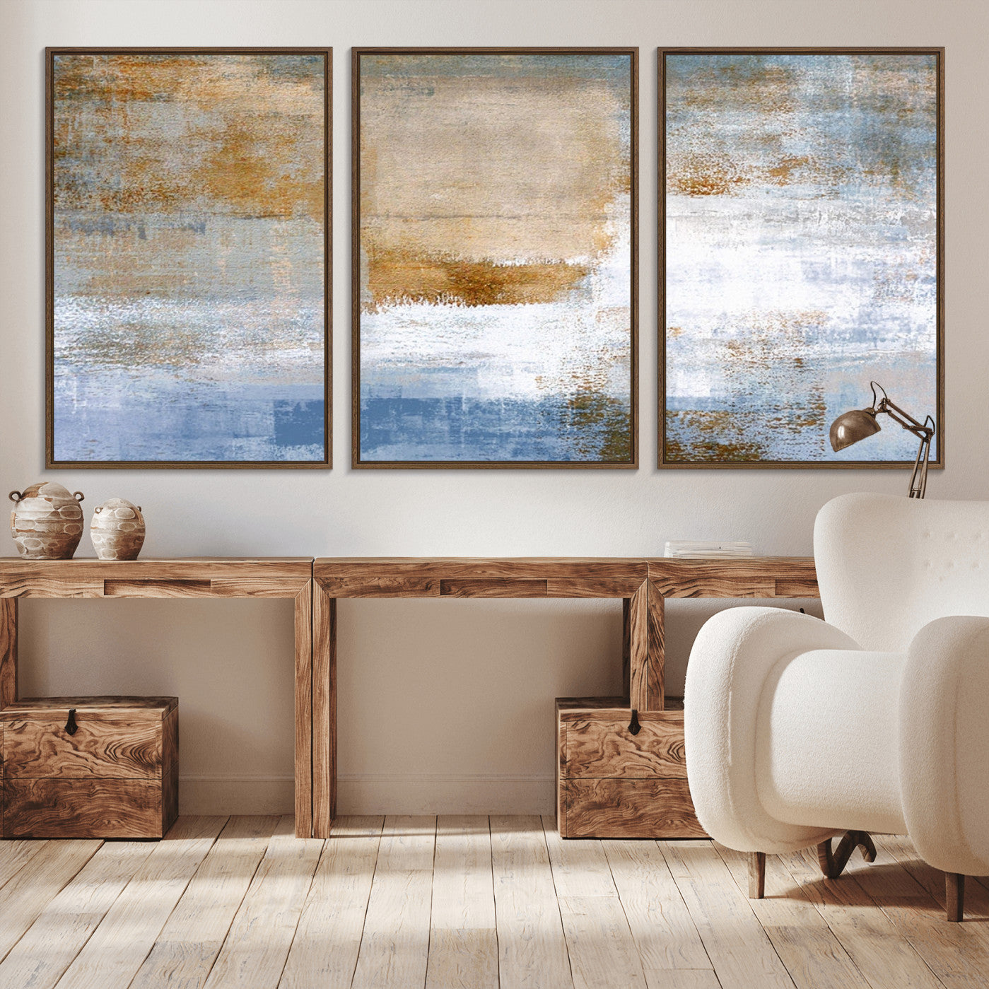 72354-MGV-CV-36X24-Blue Multi Panel Abstract Wall Art Canvas, Abstract Blue and Gold Canvas Print