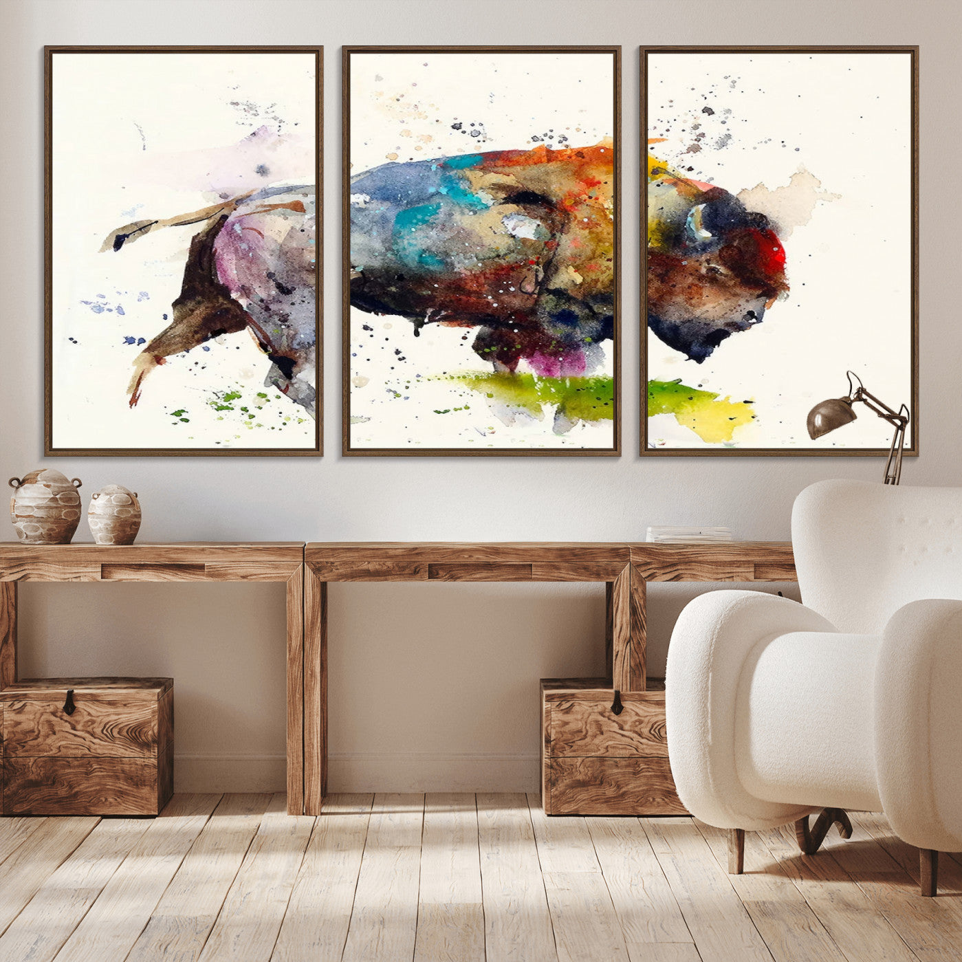 -Abstract Buffalo Wall Art, Western Watercolor Bison Canvas Print, Rustic Buffalo Art for Cowboy and