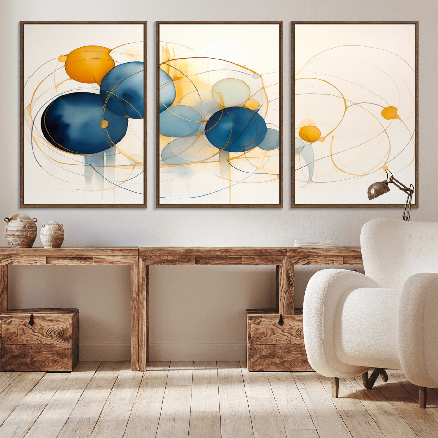 36188-MGV-FC-60X30-3P_Walnut-Geometric Blue Orange Abstract Wall Art Canvas, Geometric Blue Orange Canvas Print