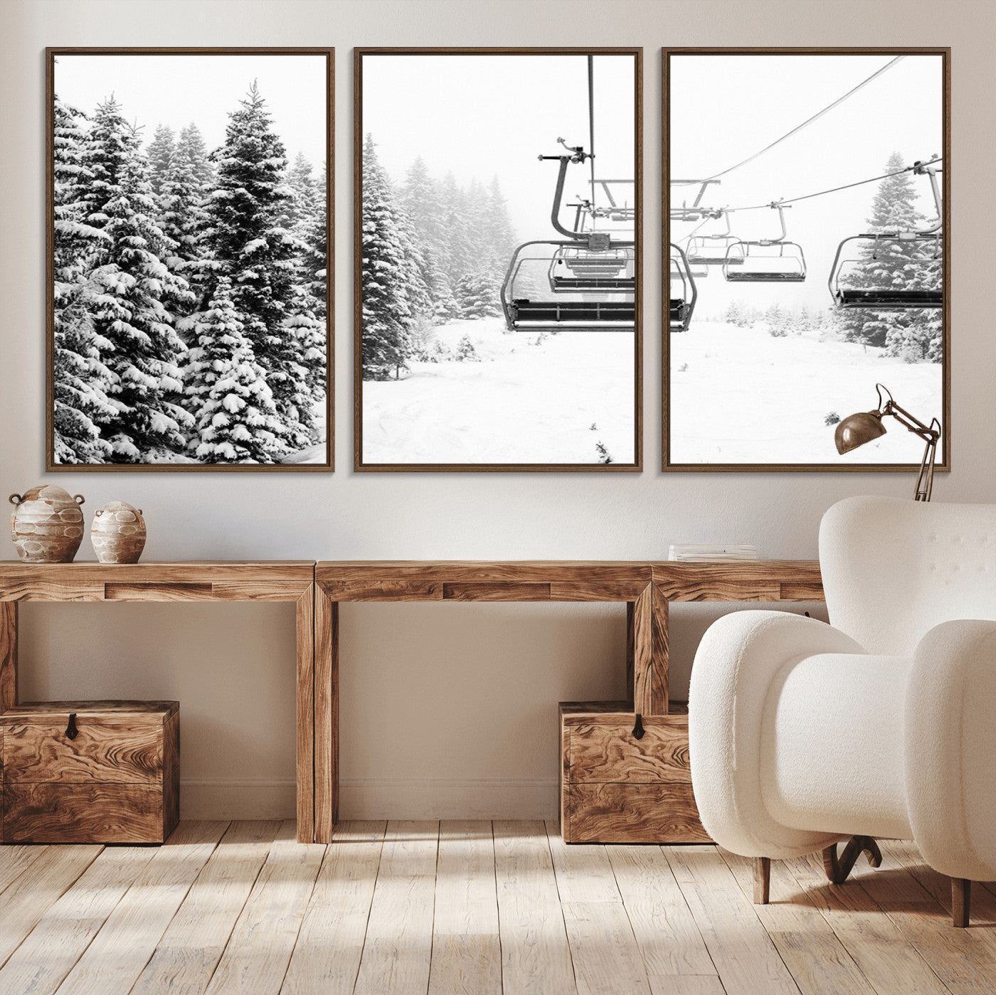 70609-MGV-CV-36X24-Winter Forest Wall Art Canvas Print – Framed Snowy Mountain Scene with Ski Lift Landscape Artwork for Home, Office Decor