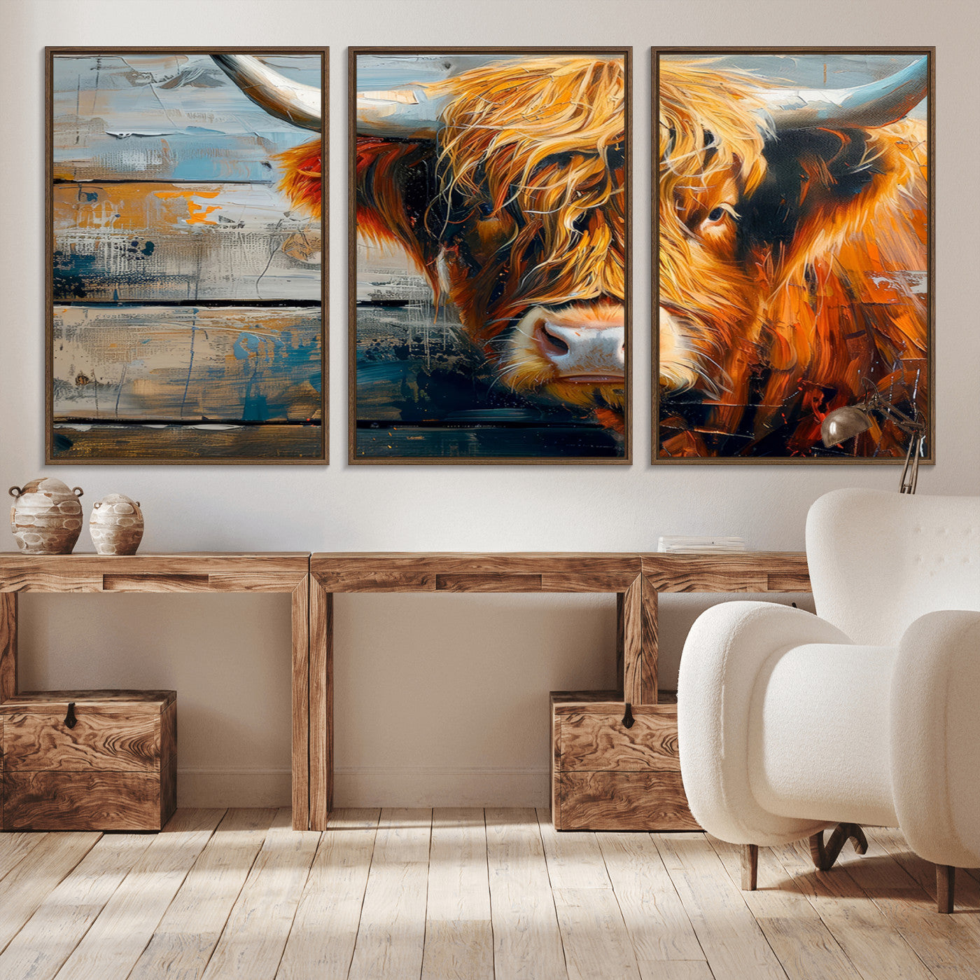 -Highland Cow Abstract Canvas Wall Art – Bold Farmhouse Rustic Decor – Ready to Hang