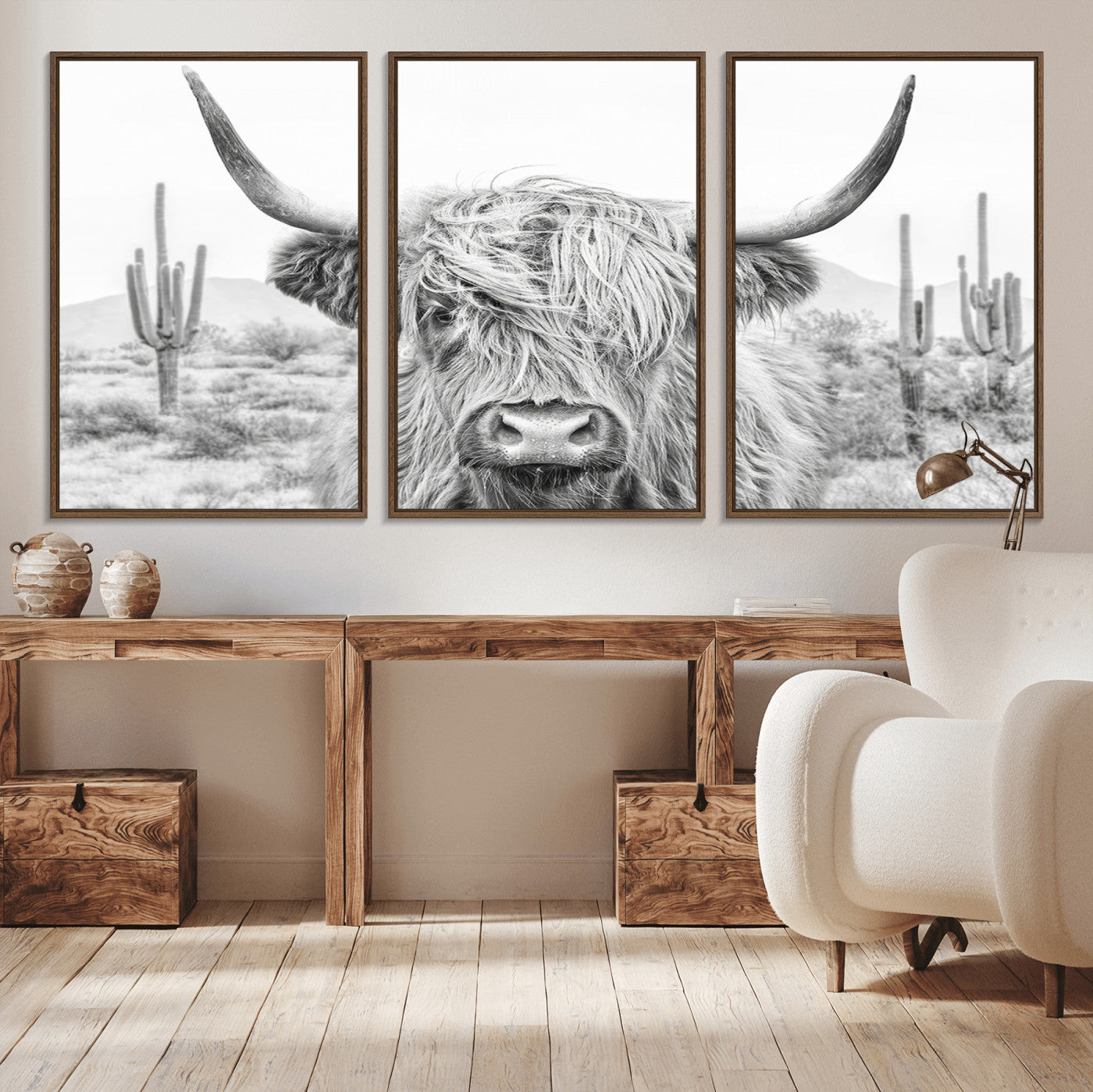 -Rustic Charm | Cow Longhorn Black White Bighorn Wall Art Canvas Print | Farmhouse Wall Art