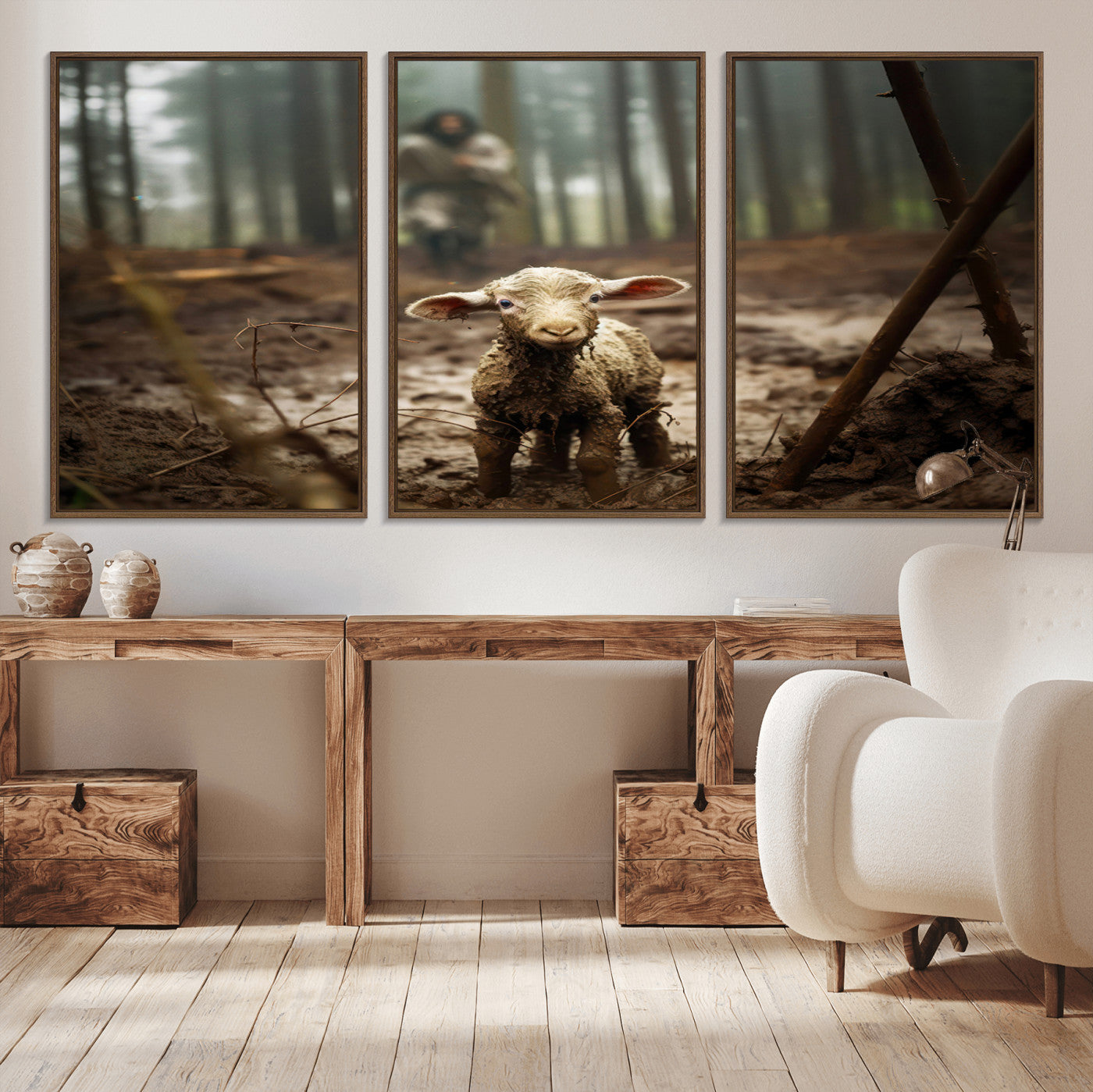 49996-MGV-CV-36X24-Jesus Lost Lamb Canvas Wall Art – Heartwarming Woodland Scene – Ready to Hang - Christian Religion