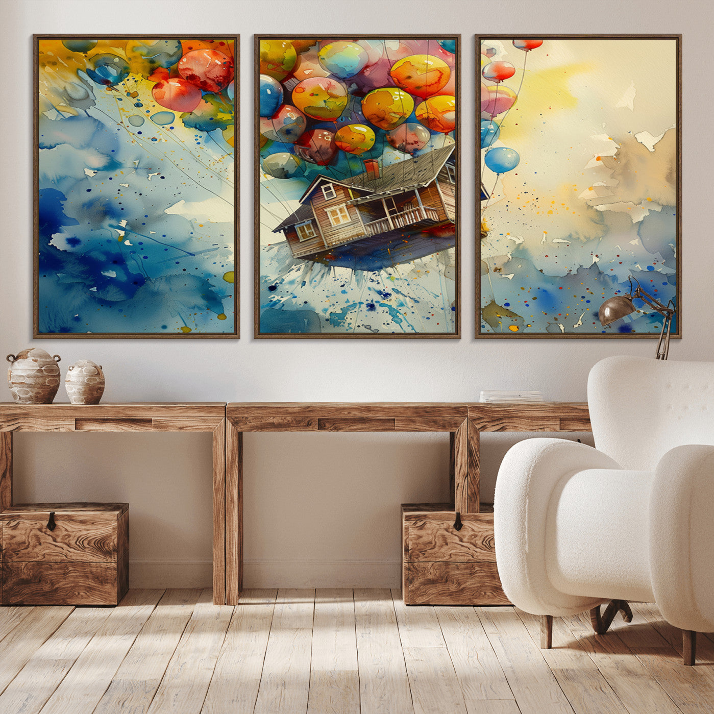 -UP-Inspired Floating House with Balloons Canvas Art – Colorful 3-Panel Wall Decor for Living Room,