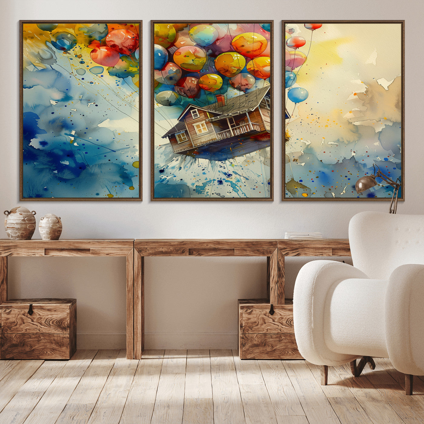 77149-MGV-CV-36X24-UP-Inspired Floating House with Balloons Canvas Art – Colorful 3-Panel Wall Decor for Living Room,