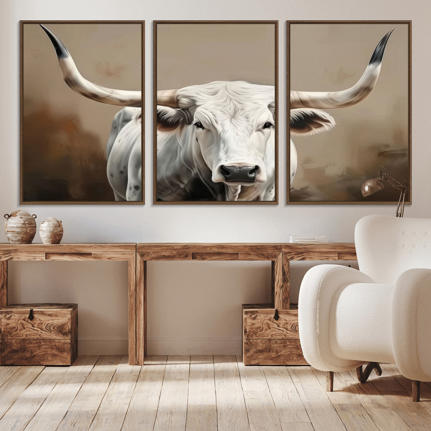 -White Longhorn Bull Wall Art Canvas Print – Framed and Ready to Hang – Perfect for Farmhouse and