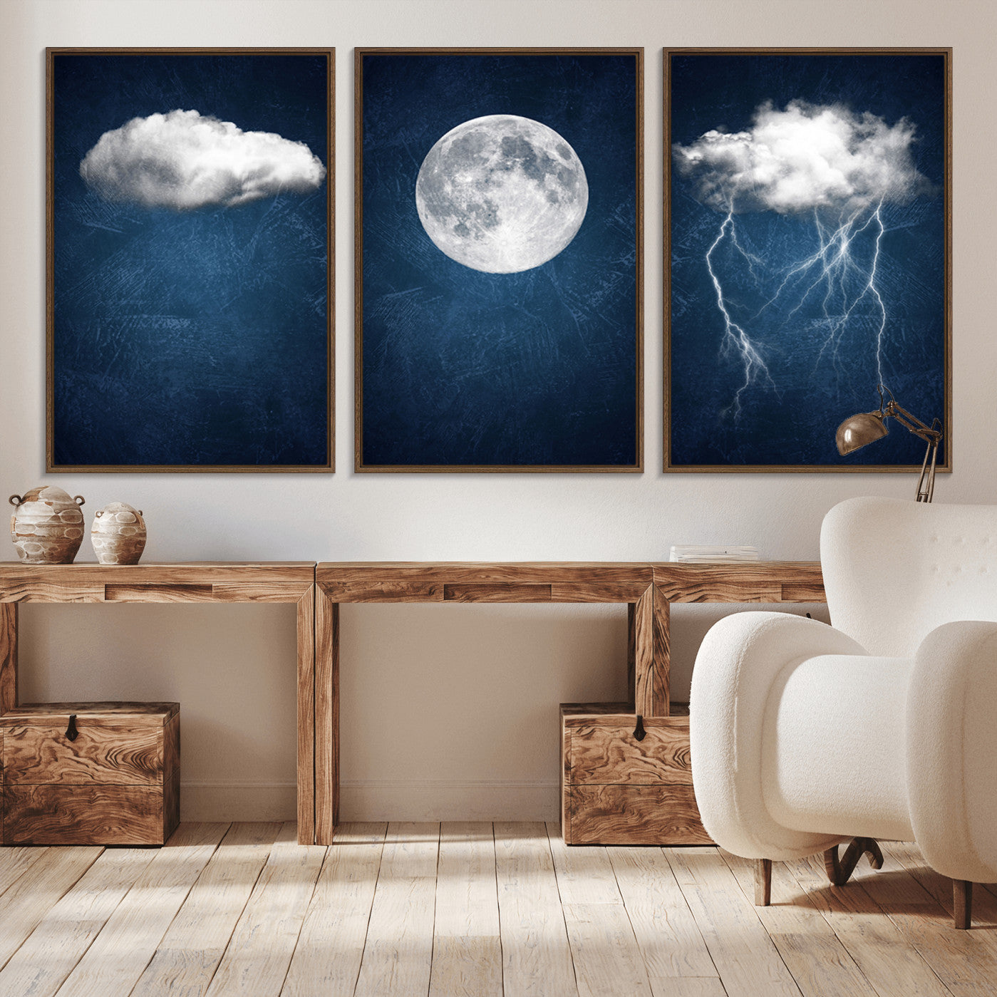 96569-MGV-CV-36X24-Dark Blue Cloud Art, 3 Piece Indigo Blue Wall Art, Aesthetic Surreal Art, Thunderstorm Moon Cloud