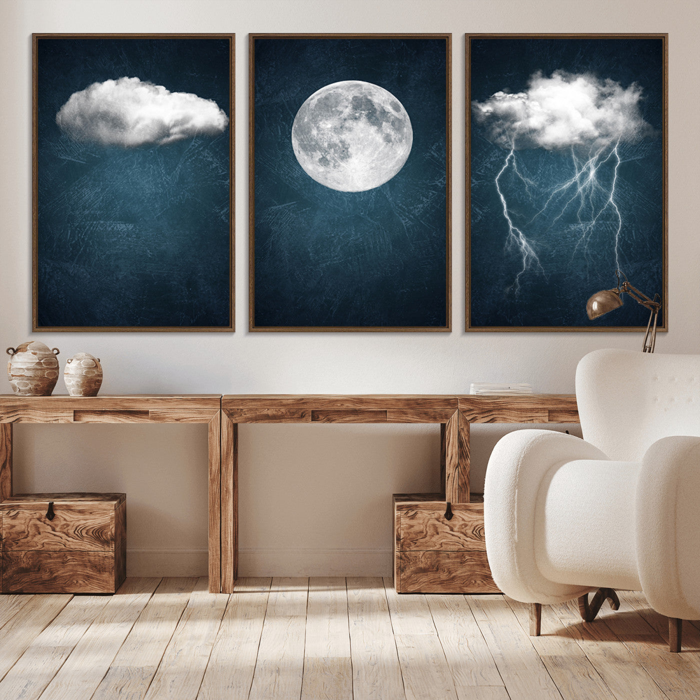 -3 Piece Indigo Cloud Wall Art, Thunderstorm Moon Cloud Artworks