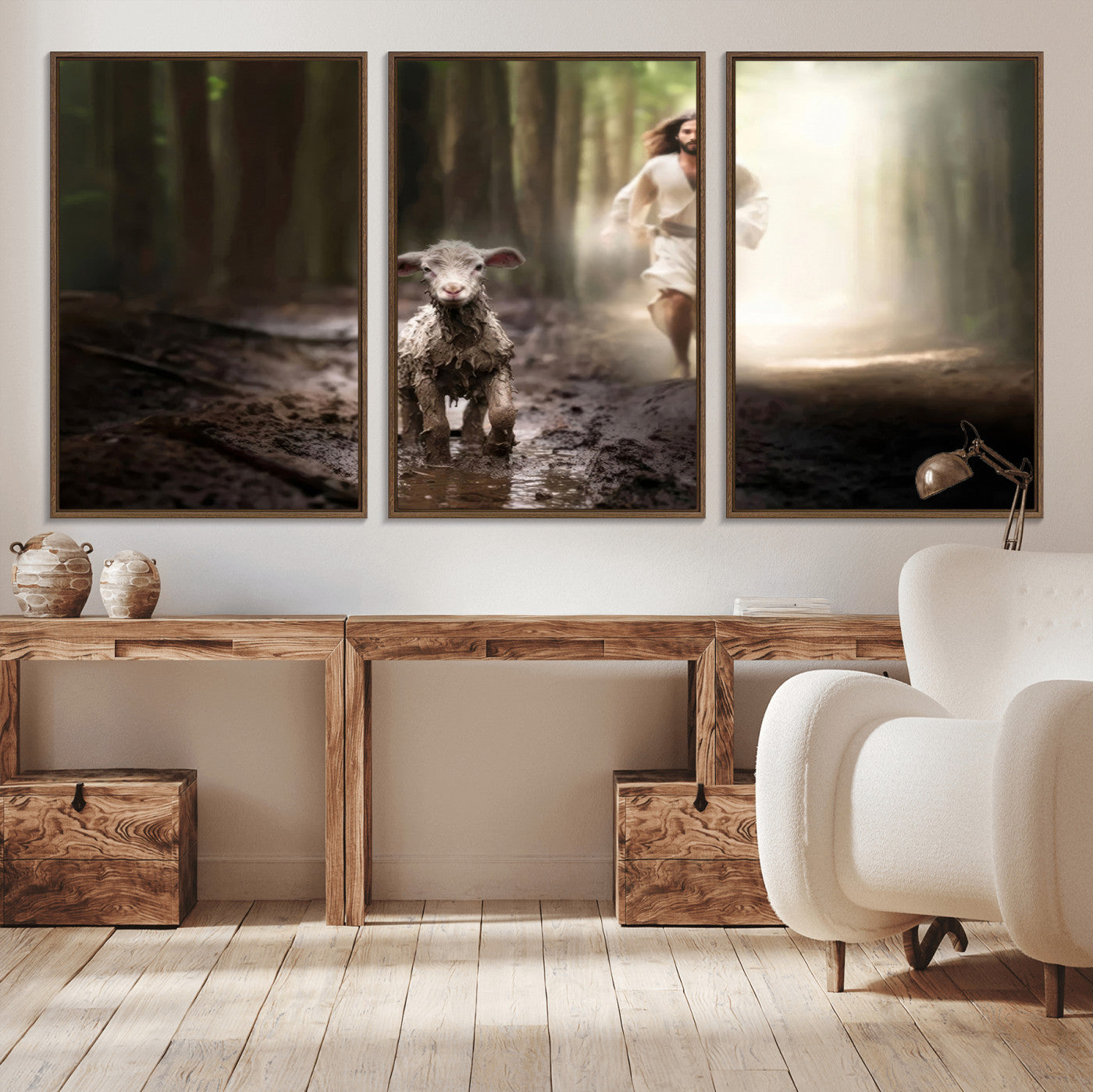 -Jesus Canvas Wall Art - Jesus Running After Lost Lamb, Jesus, Christian Home Decor - Church Wall Art