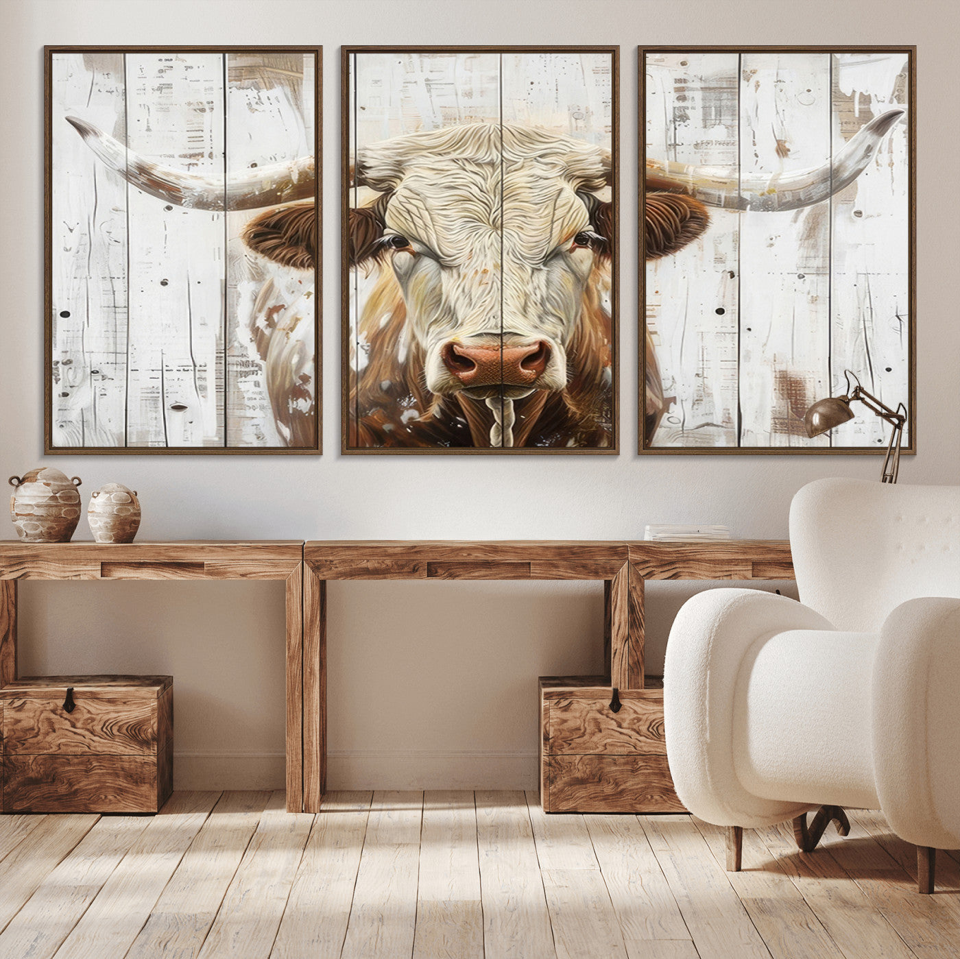 -Rustic Longhorn Bull Wall Art Canvas Set – Western-Inspired Farmhouse Décor - Ready to Hang