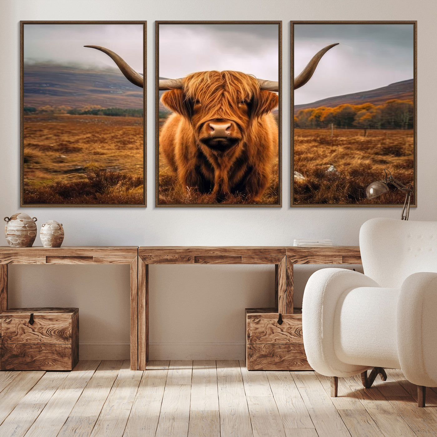 65529-MGV-FC-60X30-3P_Walnut-Highland Cow Longhorn Wall Art – Rustic Canvas Print, Framed and Ready to Hang for Farmhouse Décor