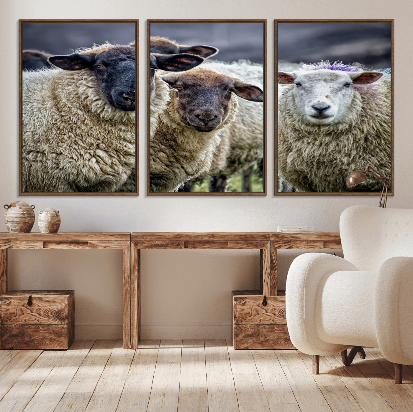 -Charming Sheep Portrait Wall Art – Trio of Woolly Companions Canvas Print, Framed, Ready to Hang