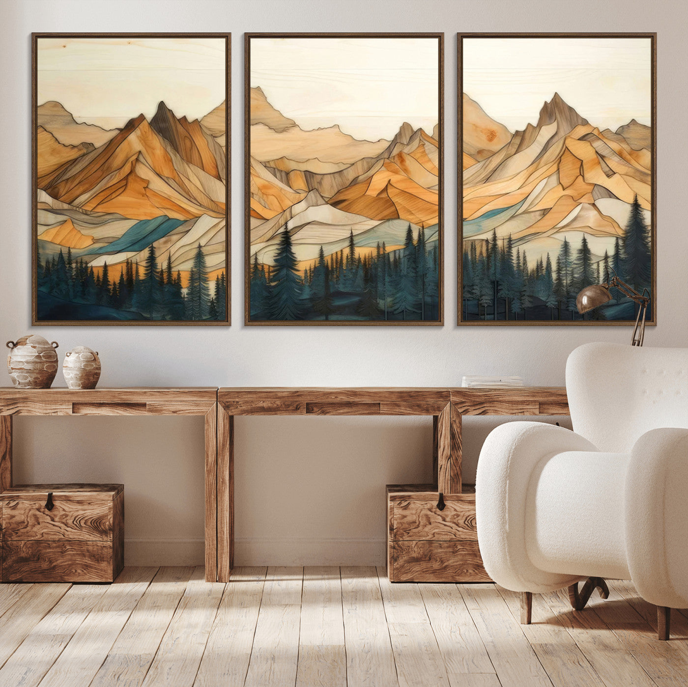 -Rustic Wood Mountain Wall Art Print | Triptych Giclee Print Featuring Handcrafted Forest and