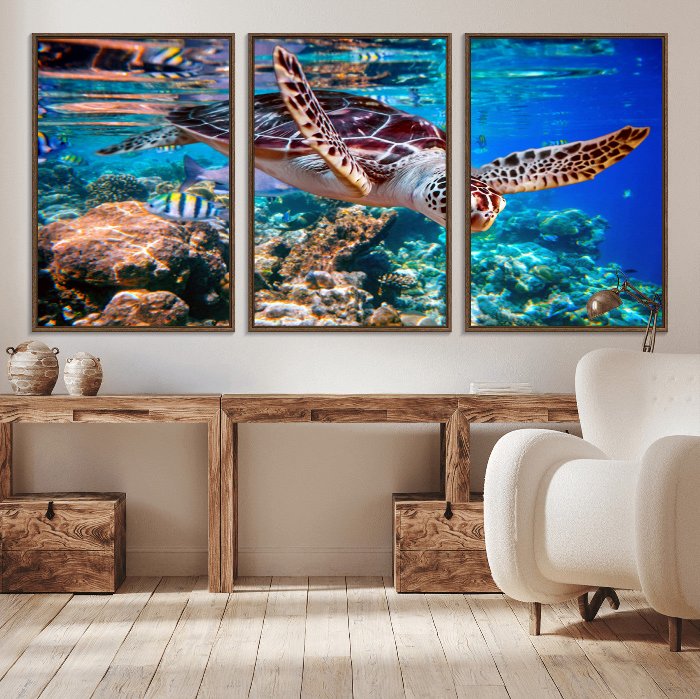 -Underwater Coral Reef Sea Turtle Wall Art Canvas Print, Vibrant Marine Life | Colorful Ocean Scene