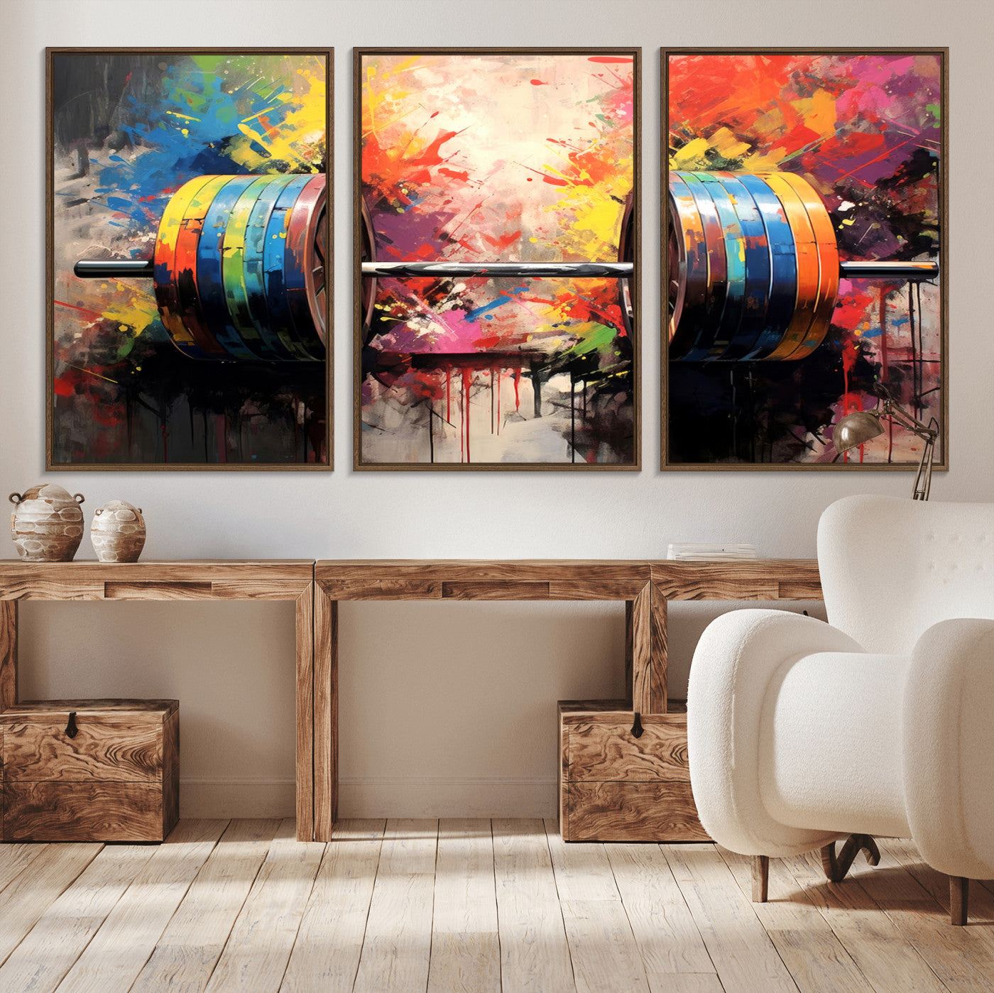 80436-MGV-FC-60X30-3P_Walnut-Weightlifting Barbell Art Triptych, Bold Abstract Fitness Wall Decor for Gym or Home, Giclee Canvas