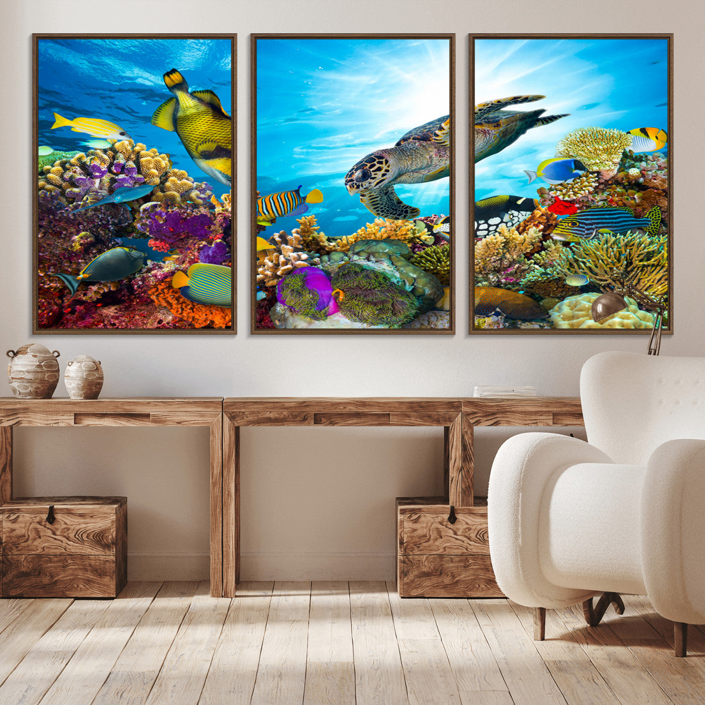 -Colorful Coral Reef and Sea Life Turtle Canvas Print, Underwater Tropical Ocean Wall Art for Home