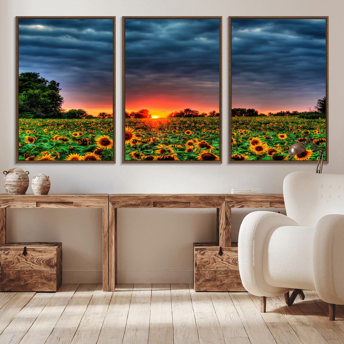45045-MGV-FC-60X30-3P_Walnut-Golden Sunflower Field at Sunset – Breathtaking Sky and Vibrant Flowers, Ready to Hang Wall Art