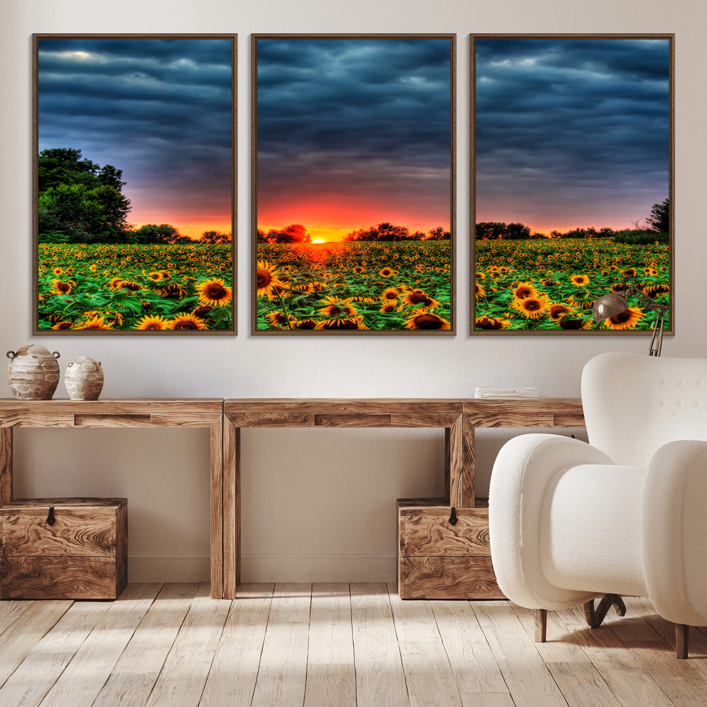 45045-MGV-FC-60X30-3P_Walnut-Golden Sunflower Field at Sunset – Breathtaking Sky and Vibrant Flowers, Ready to Hang Wall Art