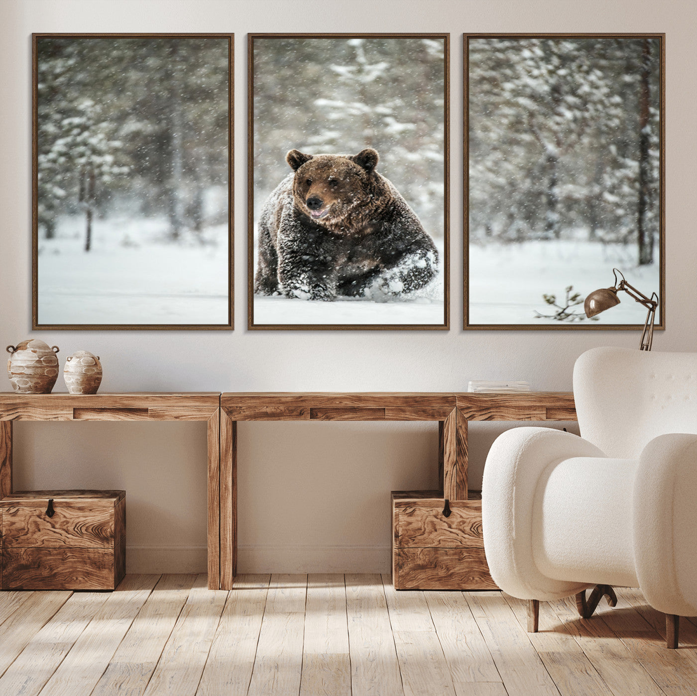MGV-FC-60X30-3P - Wall Art Canvas Print – Grizzly Bear in Snowy Forest Powerful Presence Snowy Wilderness Wild Beauty