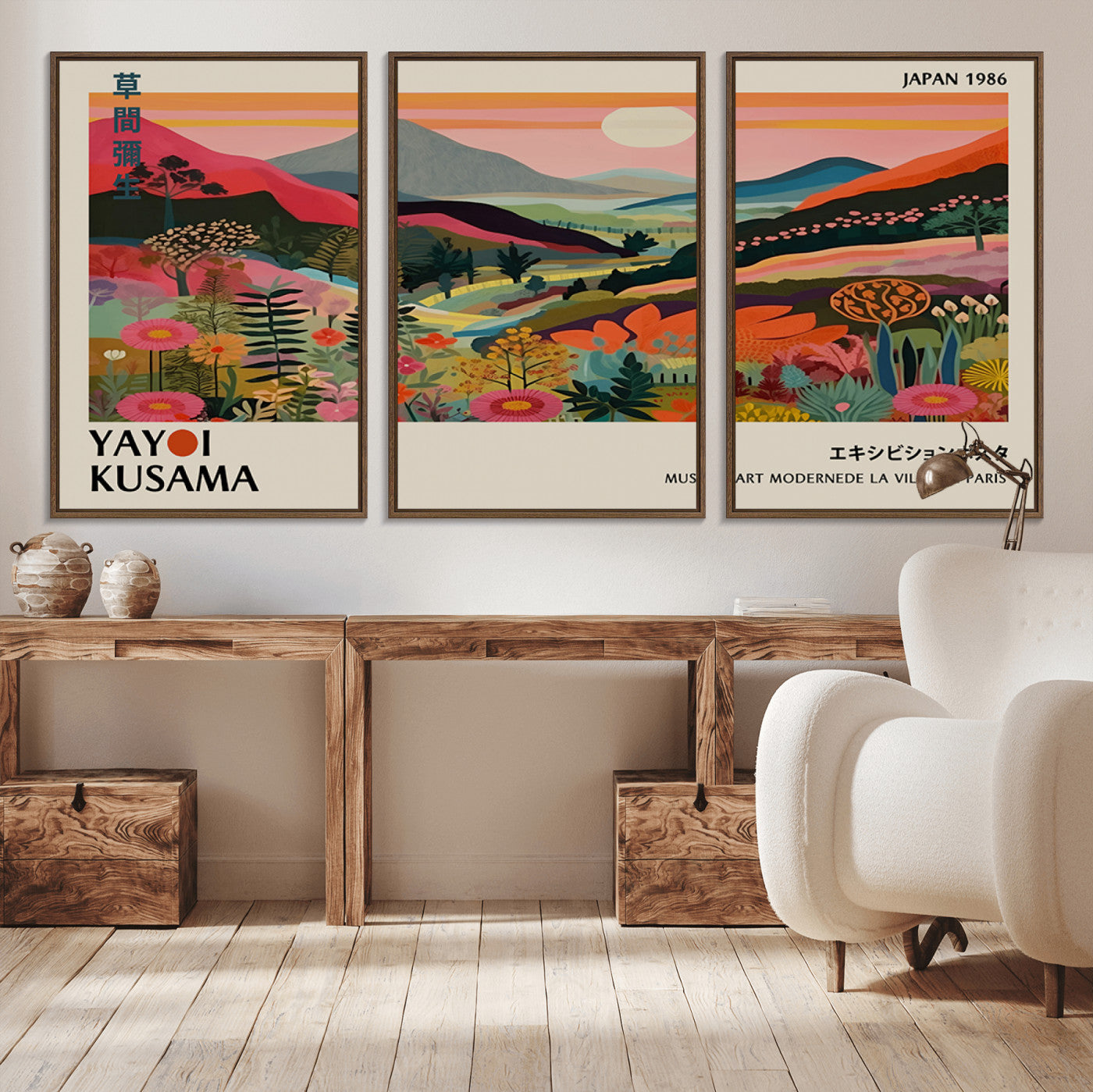 87360-MGV-FC-93X47-3P_Black-Yayoi Kusama Landscape Canvas Print, Vibrant Floral Mountain Art Print, Botanical Flower Nature