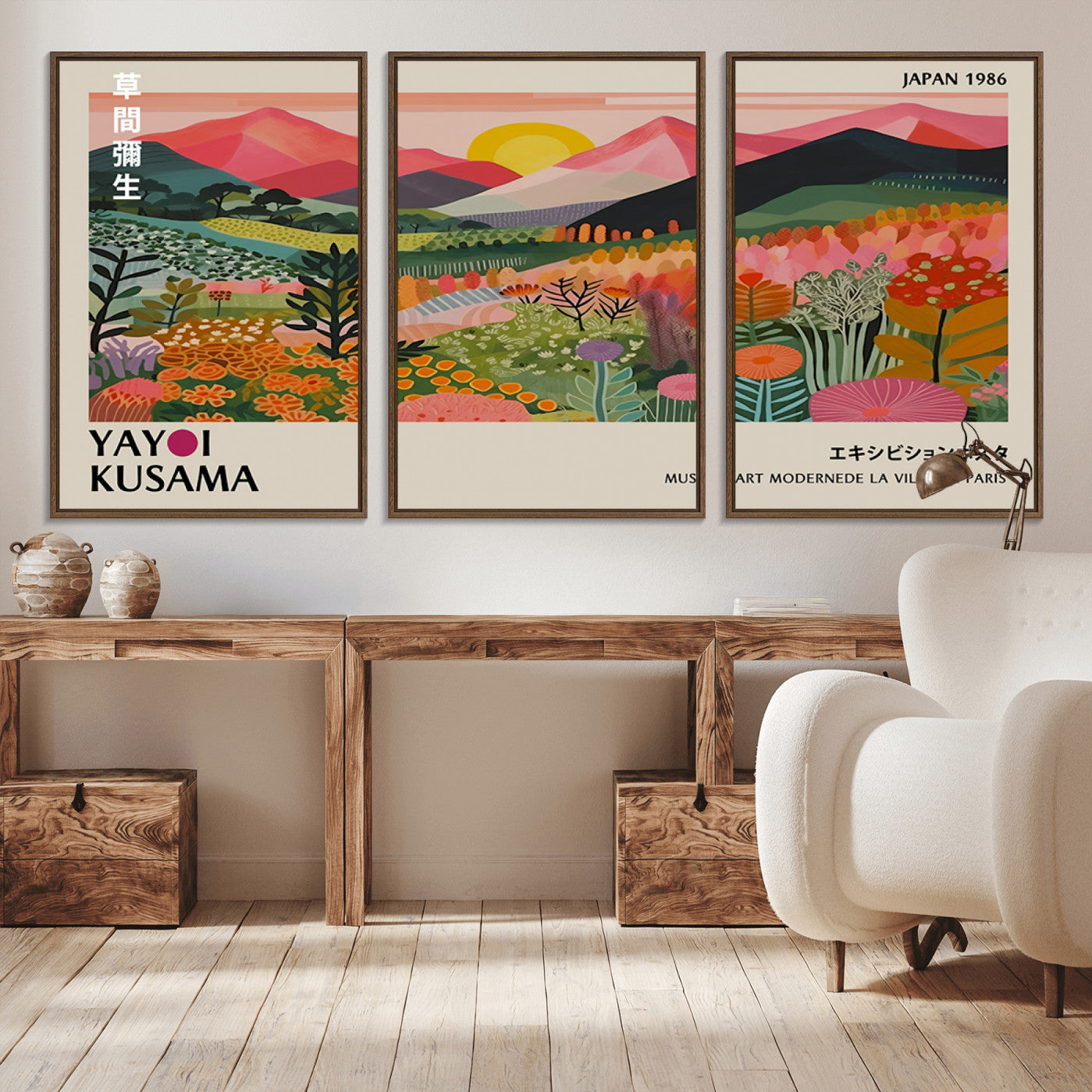 -Yayoi Kusama Landscape Canvas Print, Vibrant Floral Mountain Art Print, Framed Botanical Wall Art -