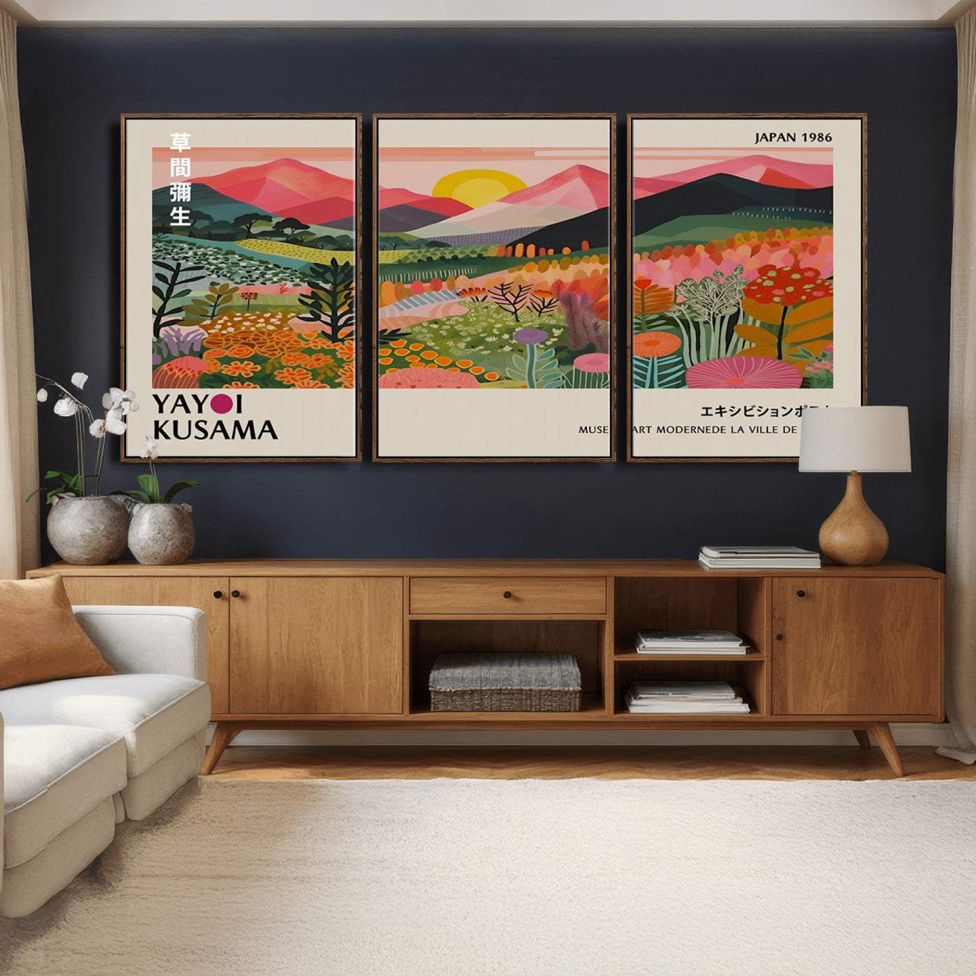 30051-MGV-CV-36X24 - Yayoi Kusama Landscape Canvas Print, Vibrant Floral Mountain Art Print, Framed Botanical Wall Art