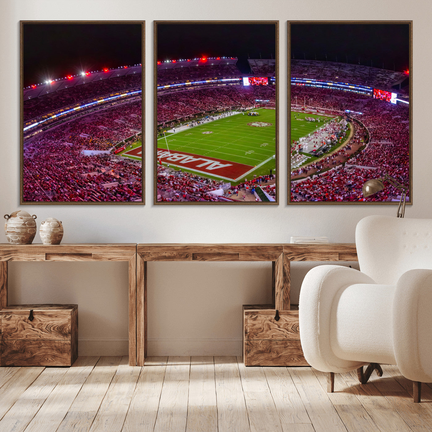 -Bryant-Denny Stadium Night Game Triple Canvas Wall Art - Alabama Crimson Tide Football Match