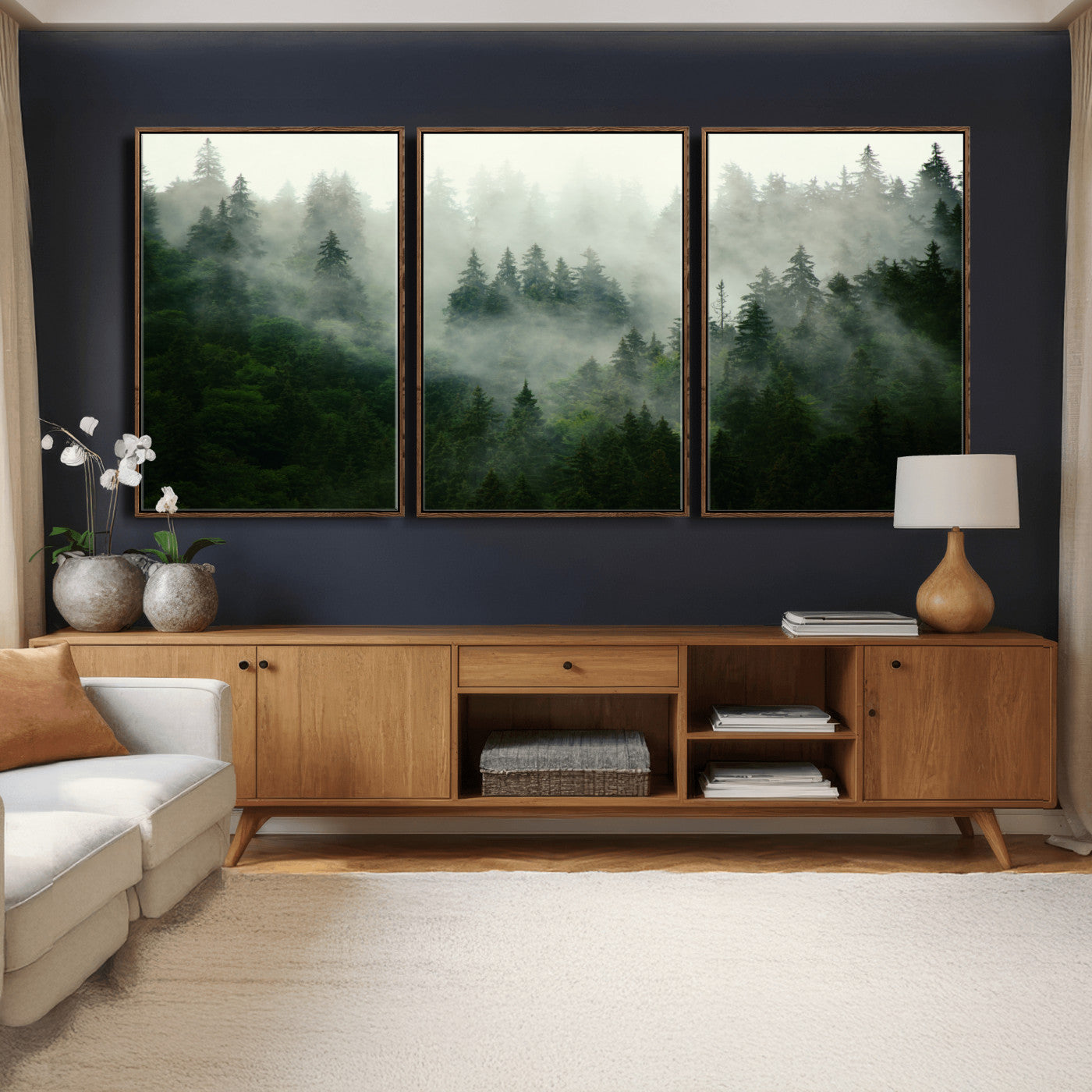 167720496-MGV-CV-36X24 - Misty Forest Mountain Wall Art Canvas | Large 3-Panel Foggy Landscape Canvas Print | Nature Misty