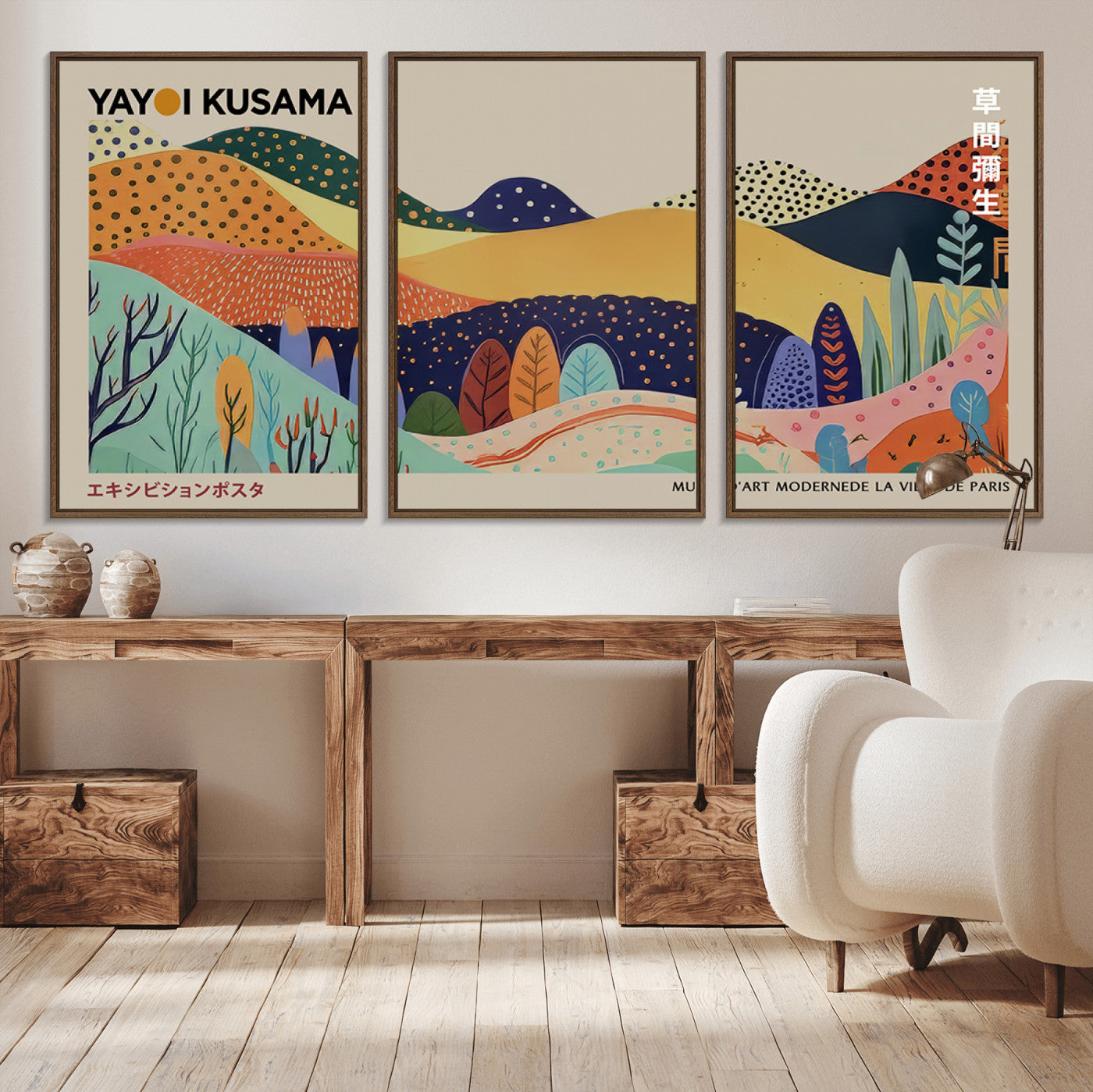 32653-MGV-FC-60X30-3P_Walnut-Framed Yayoi Kusama 1986 Wall Art Print – Japanese Wall Art Print, Wabi Sabi Yayoi Kusama Print -