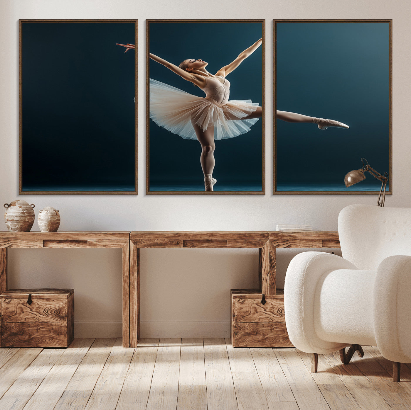 An elegant ballerina captured mid-pose on pointe, radiating grace and strength in a perfectly lit studio setting, her tutu fanned out in delicate symmetry.