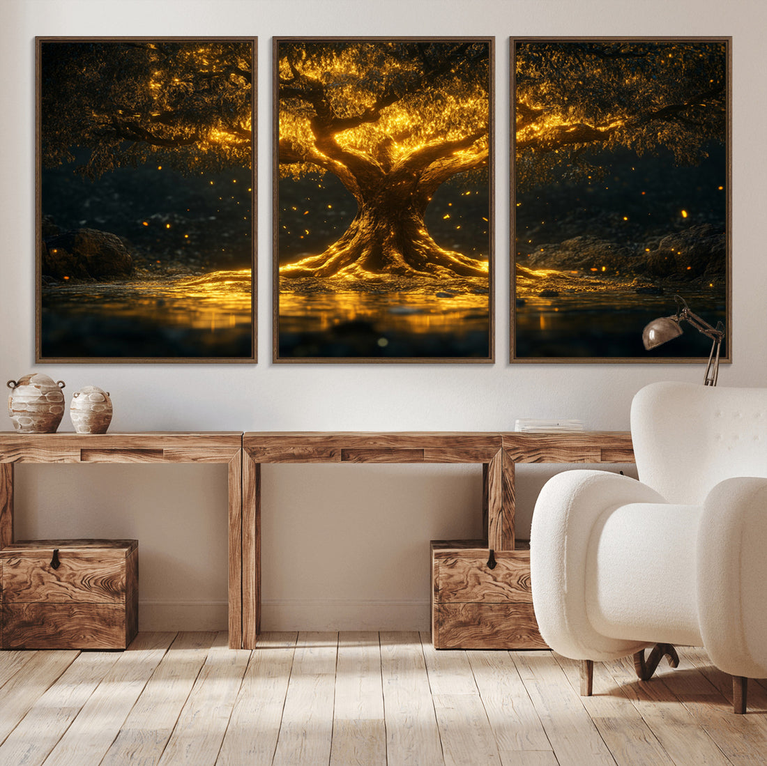 Golden Tree of Life Canvas Wall Art Print, Majestic Glowing Tree Wall Art