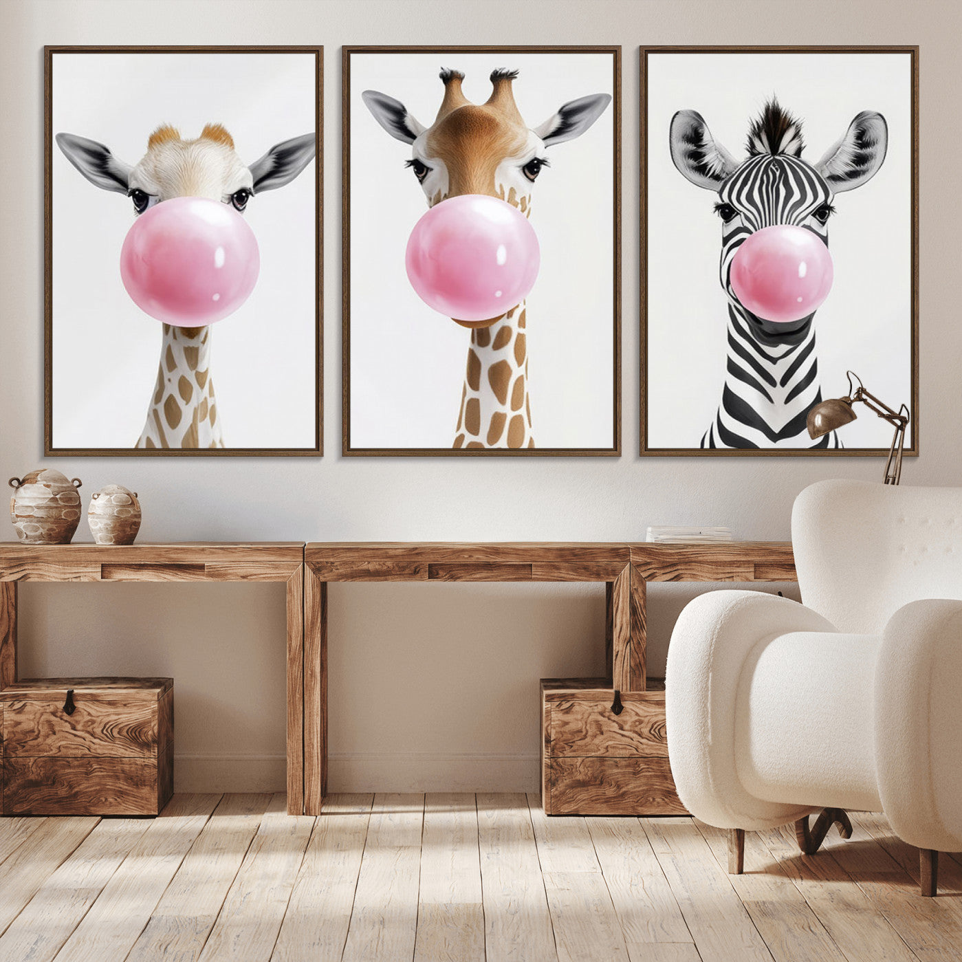 -Bubblegum Animals Canvas Wall Art - Playful Giraffe and Zebra Trio, Fun Nursery Decor for Kids'