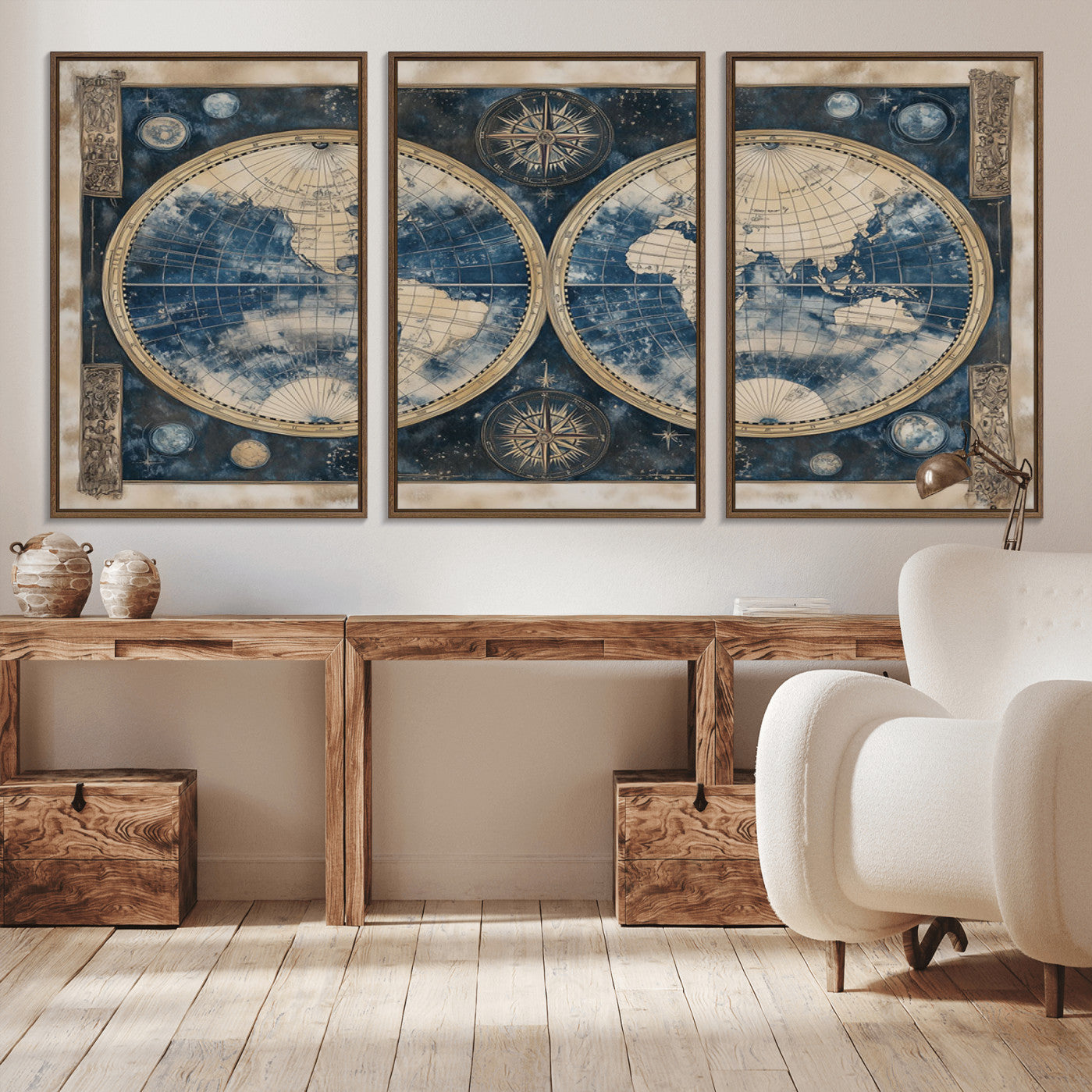 -Framed Vintage Blue World Map Canvas Print – Antique Double Hemisphere Wall Art for Home and Office Decor, Classic Explorer Map Artwork