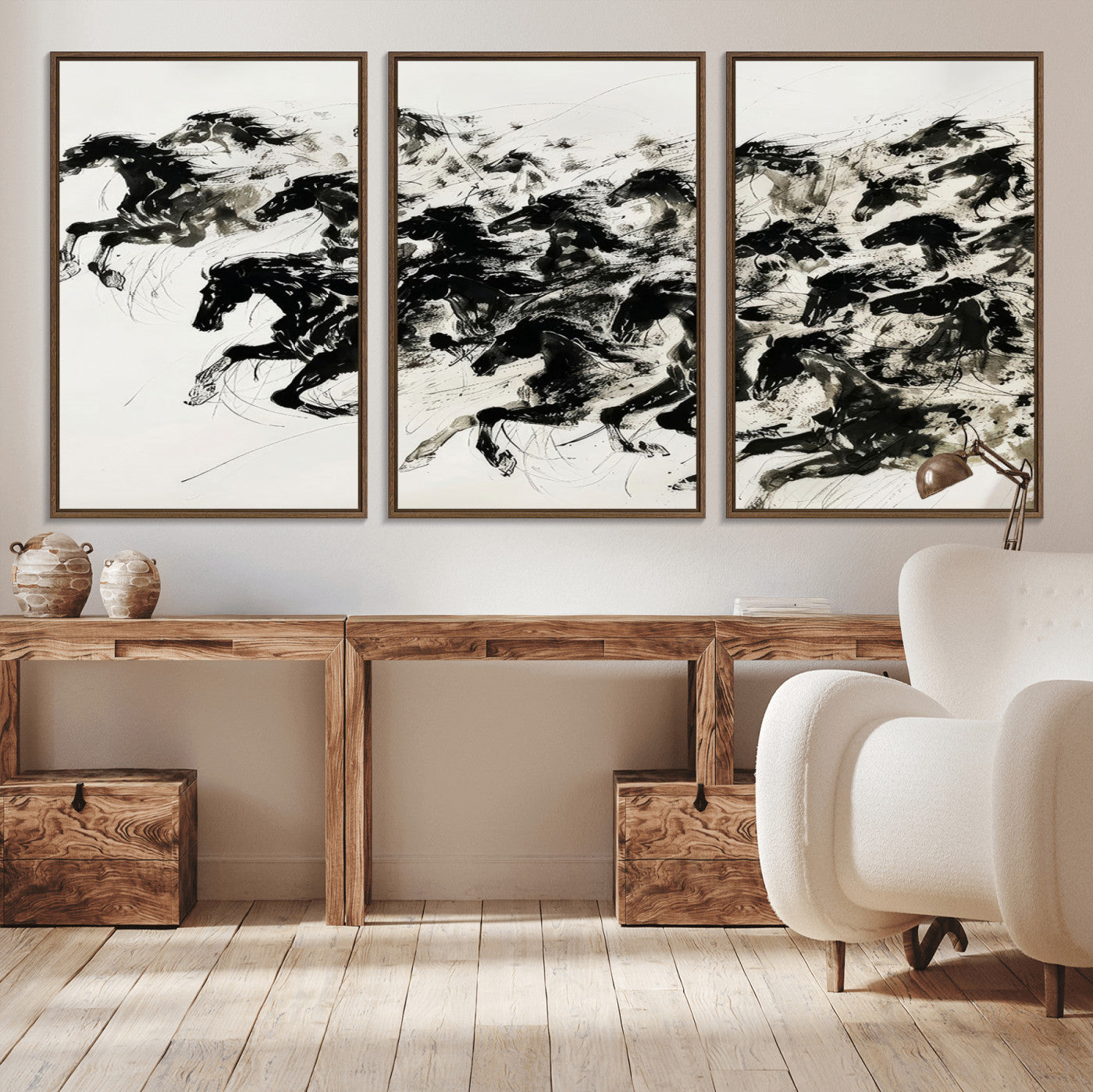 23069-MGV-CV-36X24-Abstract Horse Wall Art Canvas Print - Dynamic Black Ink Horse Print - Modern Equine Wall Decor for