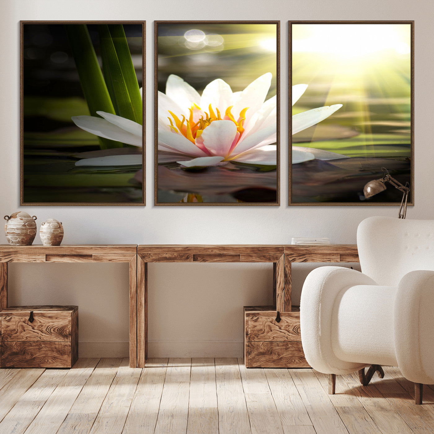 60352-MGV-FC-60X30-3P_Walnut-Lotus Flower Wall Art Canvas Print, Water Lily Large Wall Art Canvas Print