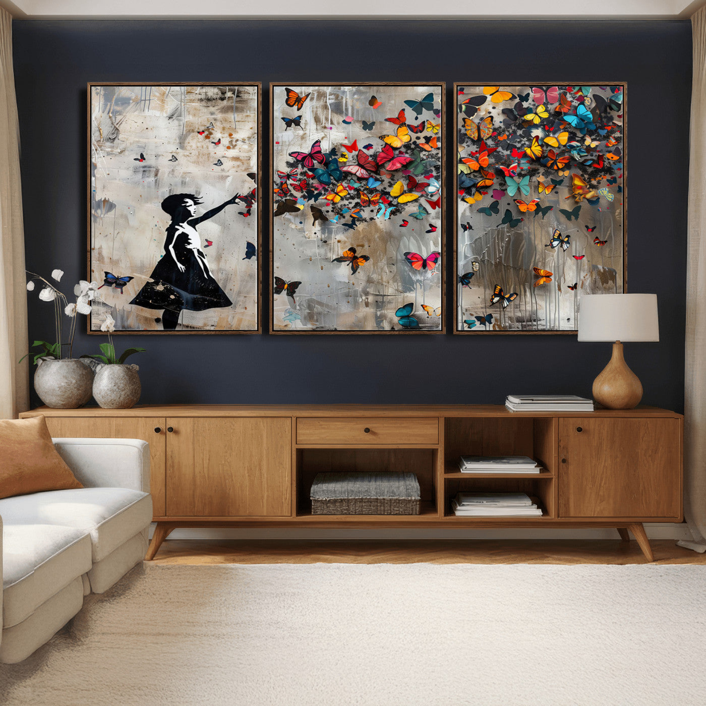 51446-MGV-CV-36X24 - Banksy Butterfly Girl Wall Art | 3-Piece Butterfly Girl Canvas