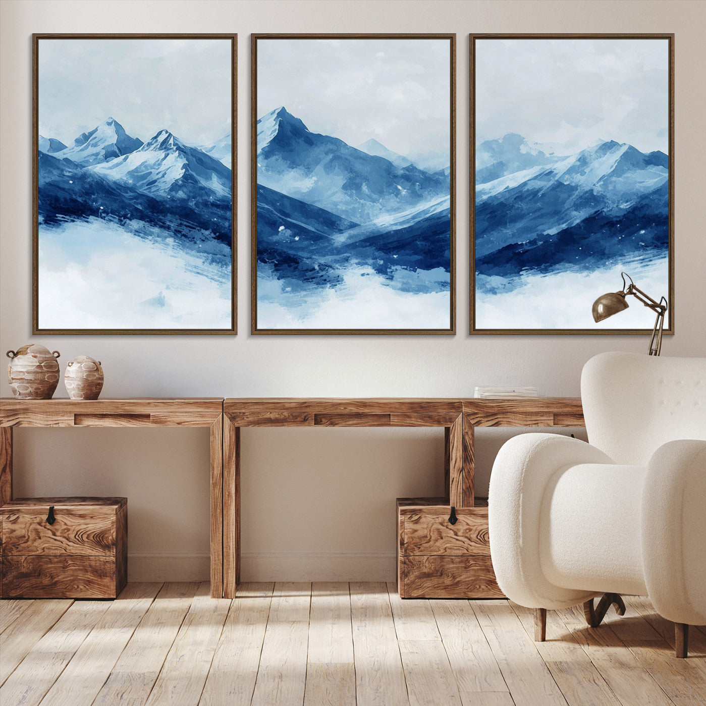 Peaceful watercolor-style painting of snowy blue mountains in soft tones, perfect for winter-themed or minimalist wall decor.