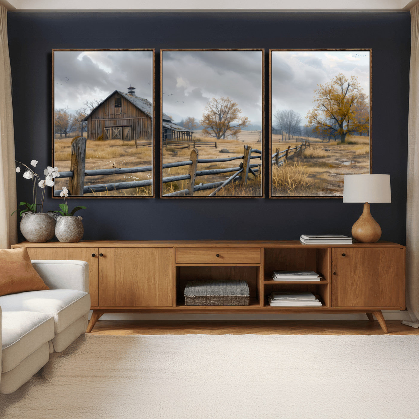 Farm1-MGV-CV-36X24 - Rustic Autumn Farmhouse Wall Art Canvas Print – Serene Countryside Scene with Weathered Barn and